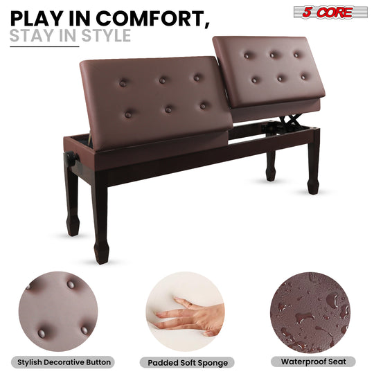 Comfortable piano bench with thick padding, adjustable height, and sturdy construction for hours of playing support