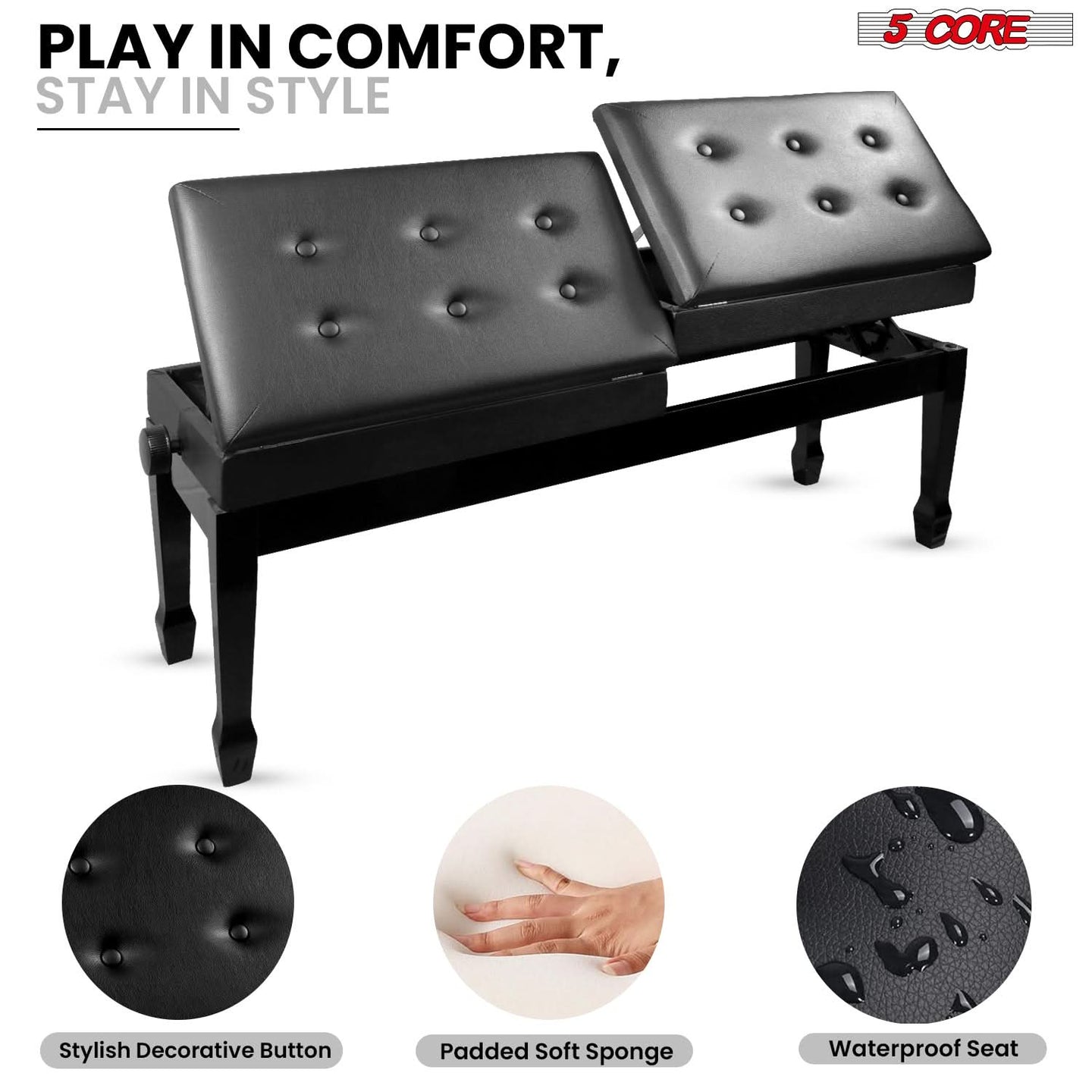 Comfortable piano stool with soft cushioning, adjustable height, and a sturdy build for long practice sessions