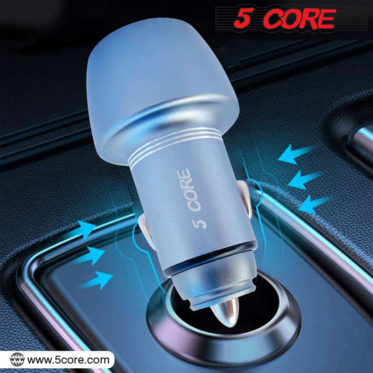 Compact design USB car charger, offering a space-saving and efficient solution for charging devices while traveling