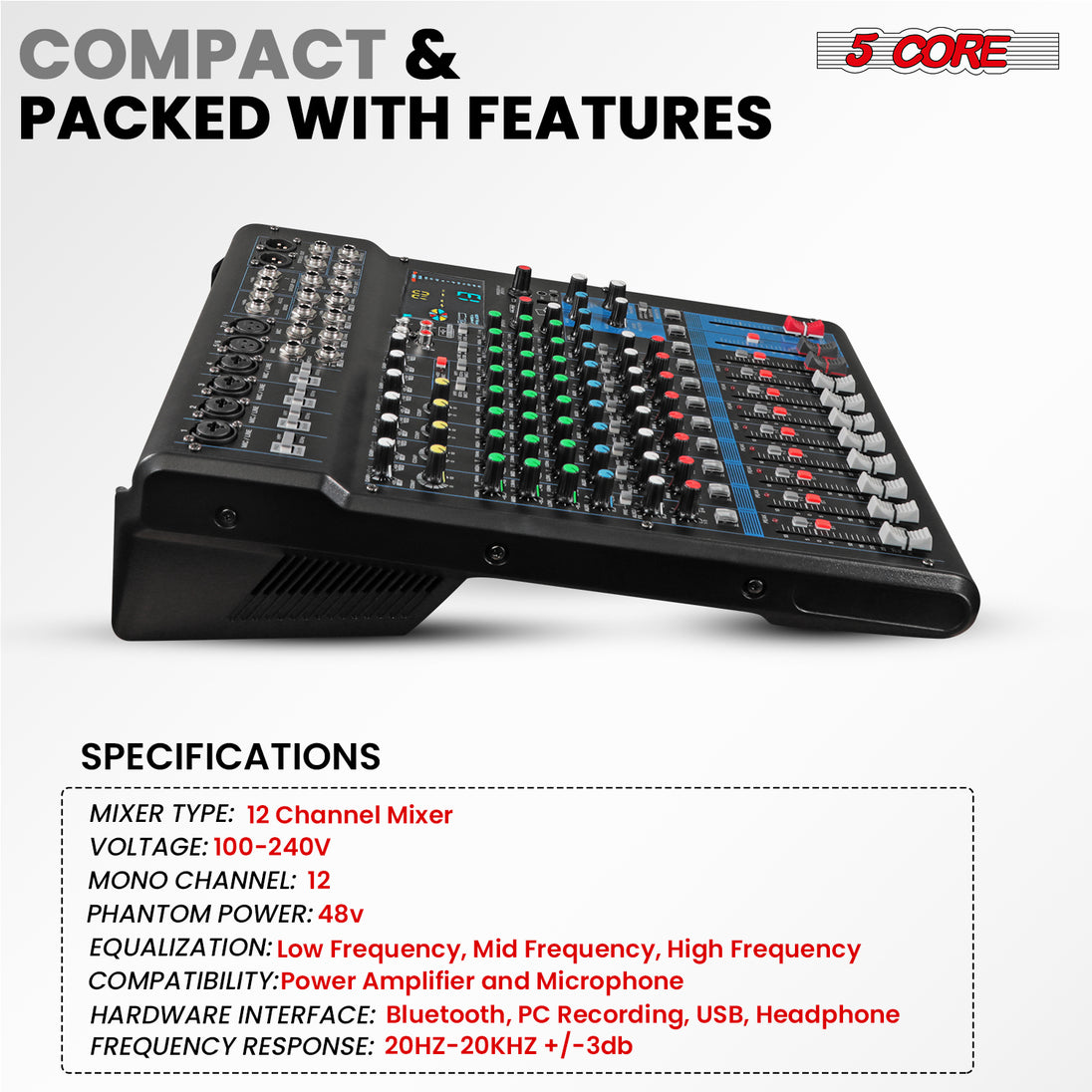 Compact and portable mixing console with essential controls, ideal for on-the-go sound management