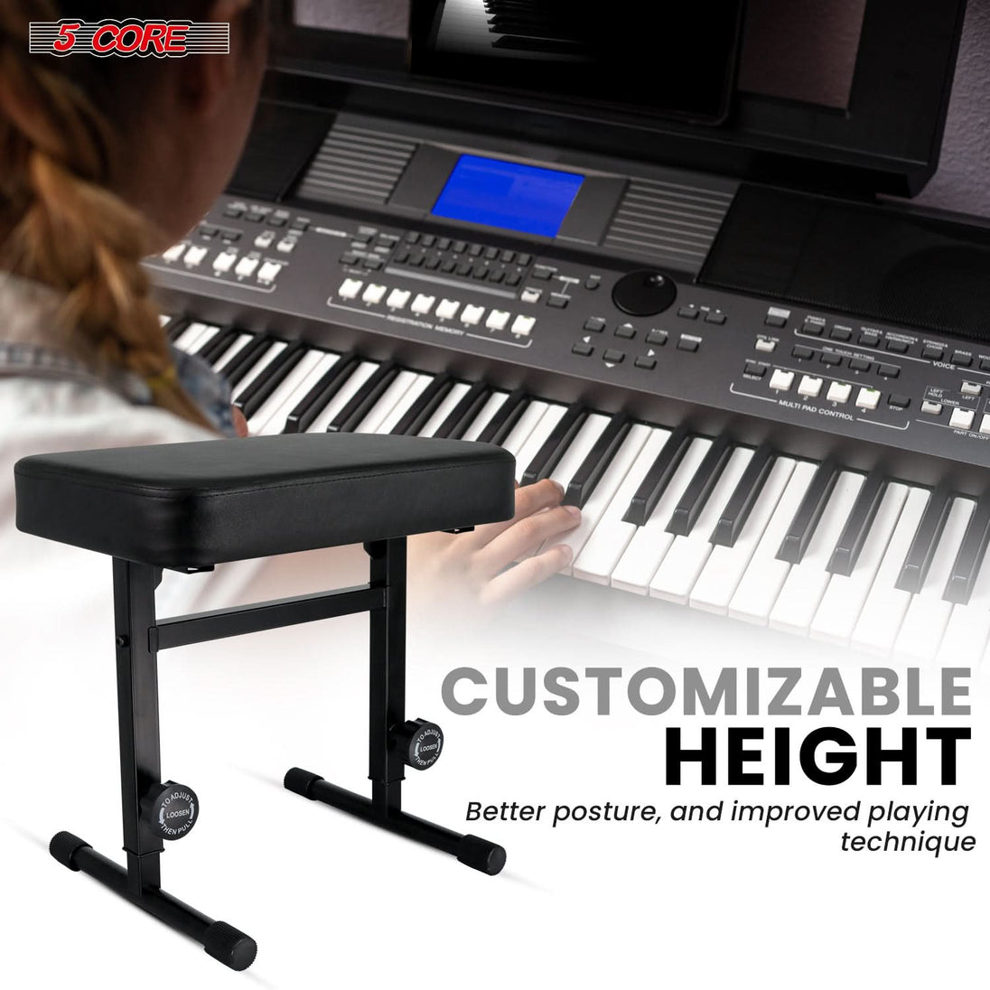 A keyboard piano seat with customizable height, allowing for easy adjustment to suit the player's preferred posture and comfort level