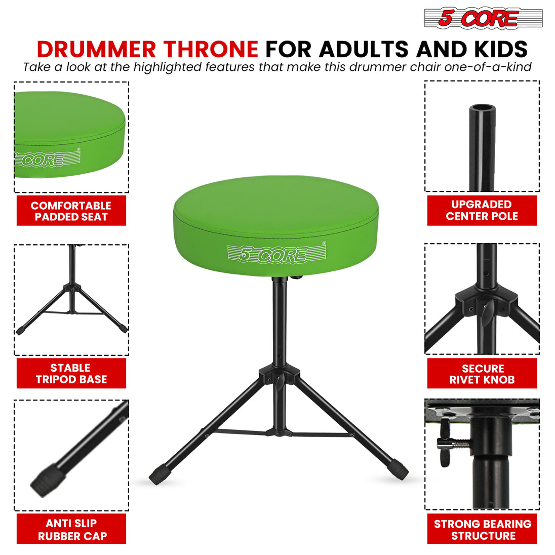 Multi-featured drum throne with adjustable height, sturdy base, and comfortable seating for enhanced drumming performance.