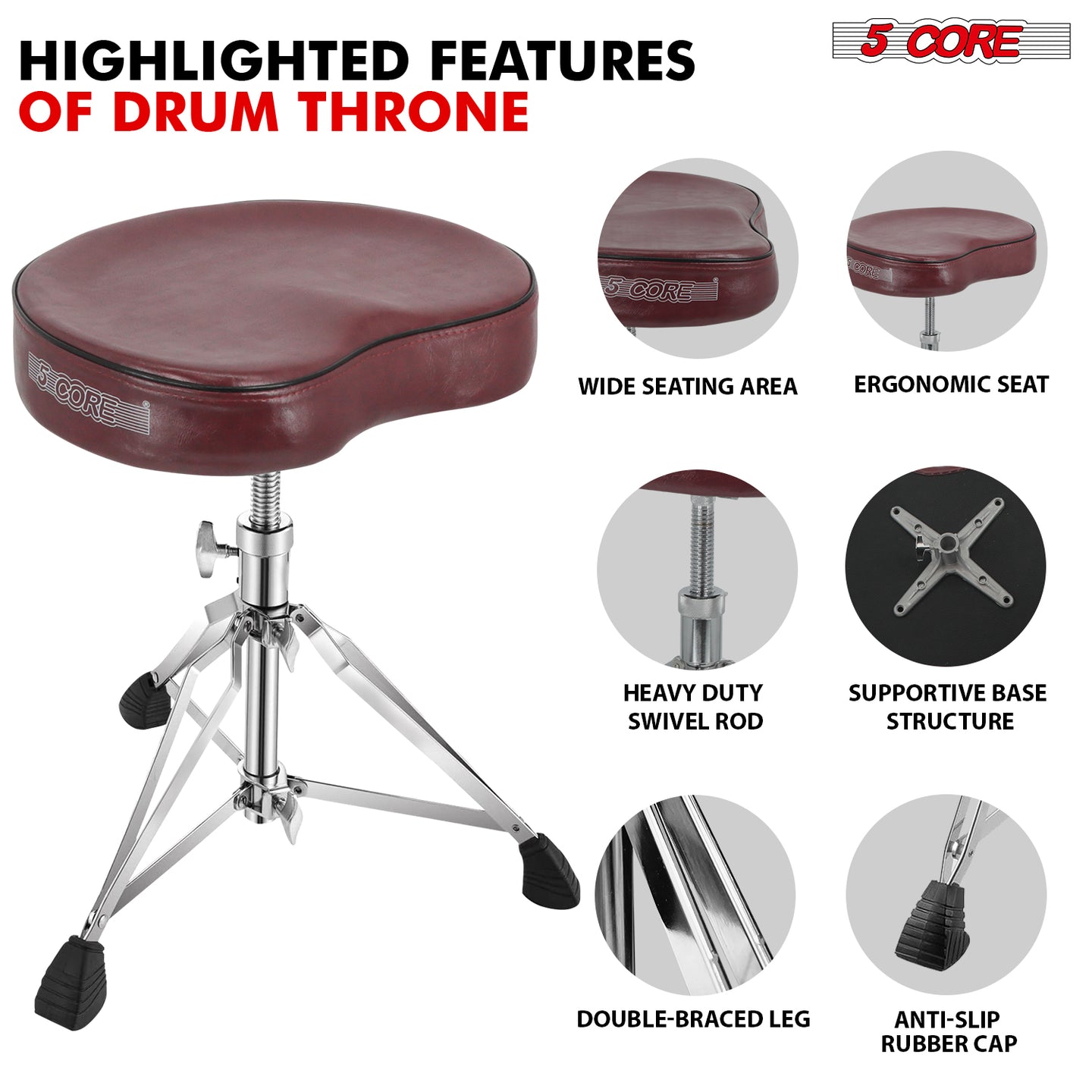 Comfortable drummers throne with a padded seat and sturdy base for stability during performances