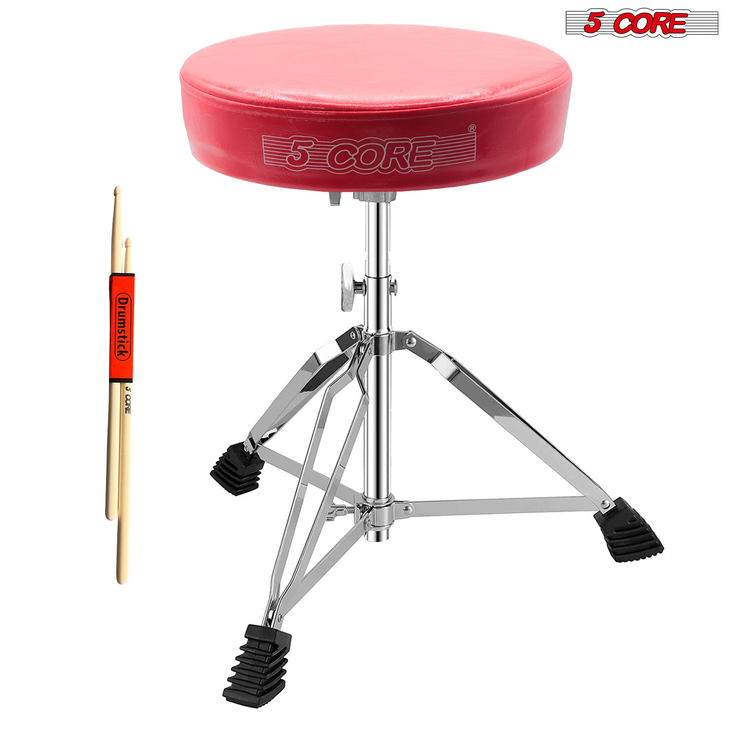 5 Core Drum Throne Brown | Height Adjustable Padded Seat Drum Stool | Folding Portable Drummer Throne with Anti-Slip Feet | with two Drumsticks, Drum Chair for Kids and Adults- DS CH RED