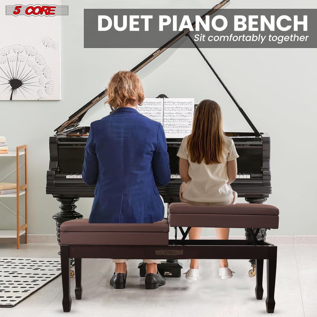 Dual piano stool with a spacious, padded seat, adjustable height, and sturdy frame, designed for two players