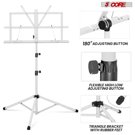 Dual use sheet music stand with adjustable height and sturdy design, suitable for both seated and standing performances