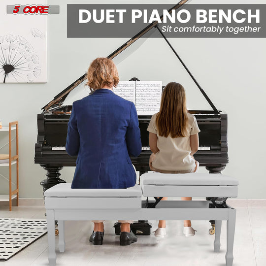 Duet piano bench offering spacious seating for two players, with a sturdy frame and comfortable padding for collaborative performances