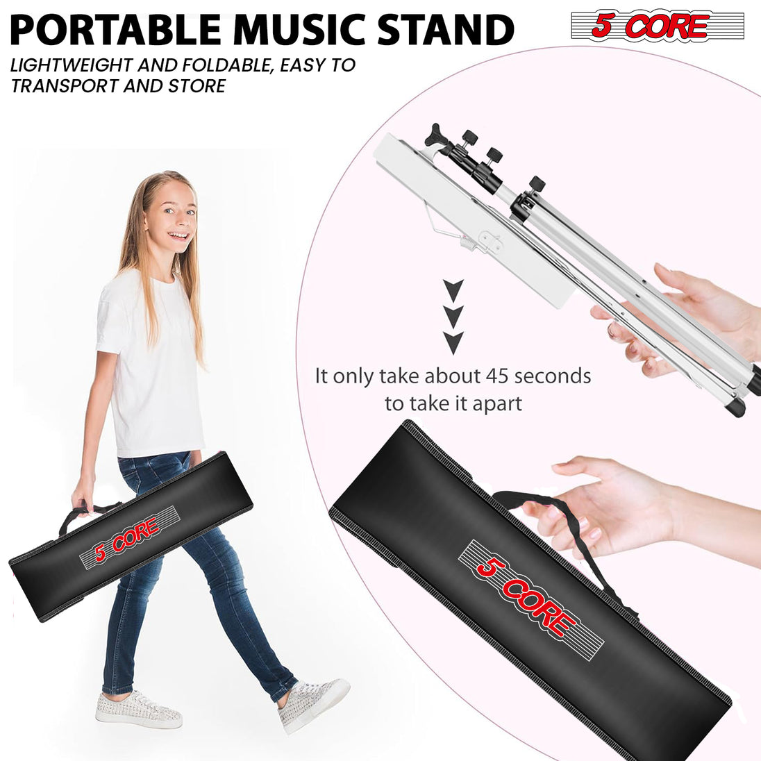 Easy to portable music stand with included carry bag for convenient transport, storage, and protection during travel