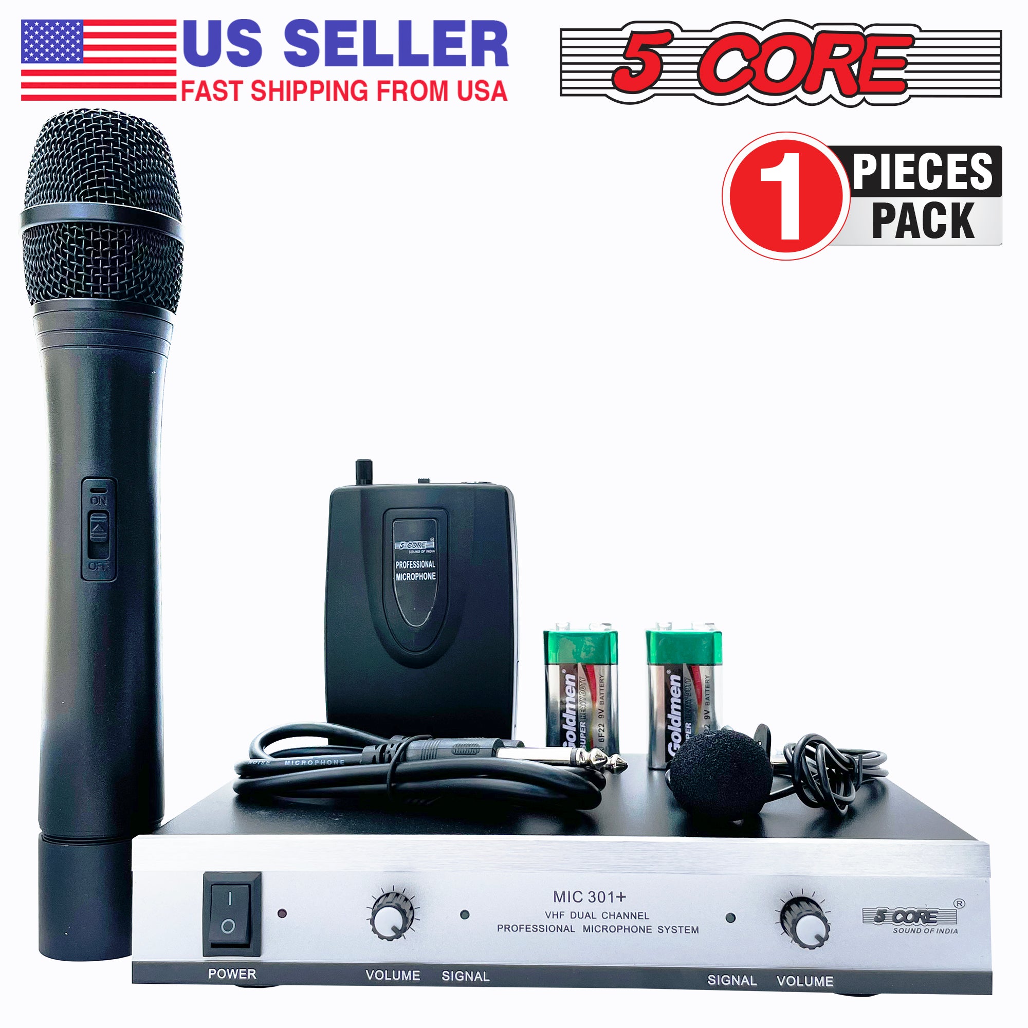 5Core Wireless Microphones w 1 VHF Dynamic Unidirectional Handheld Microfono Inalambrico & 1 Collar Mic with Receiver