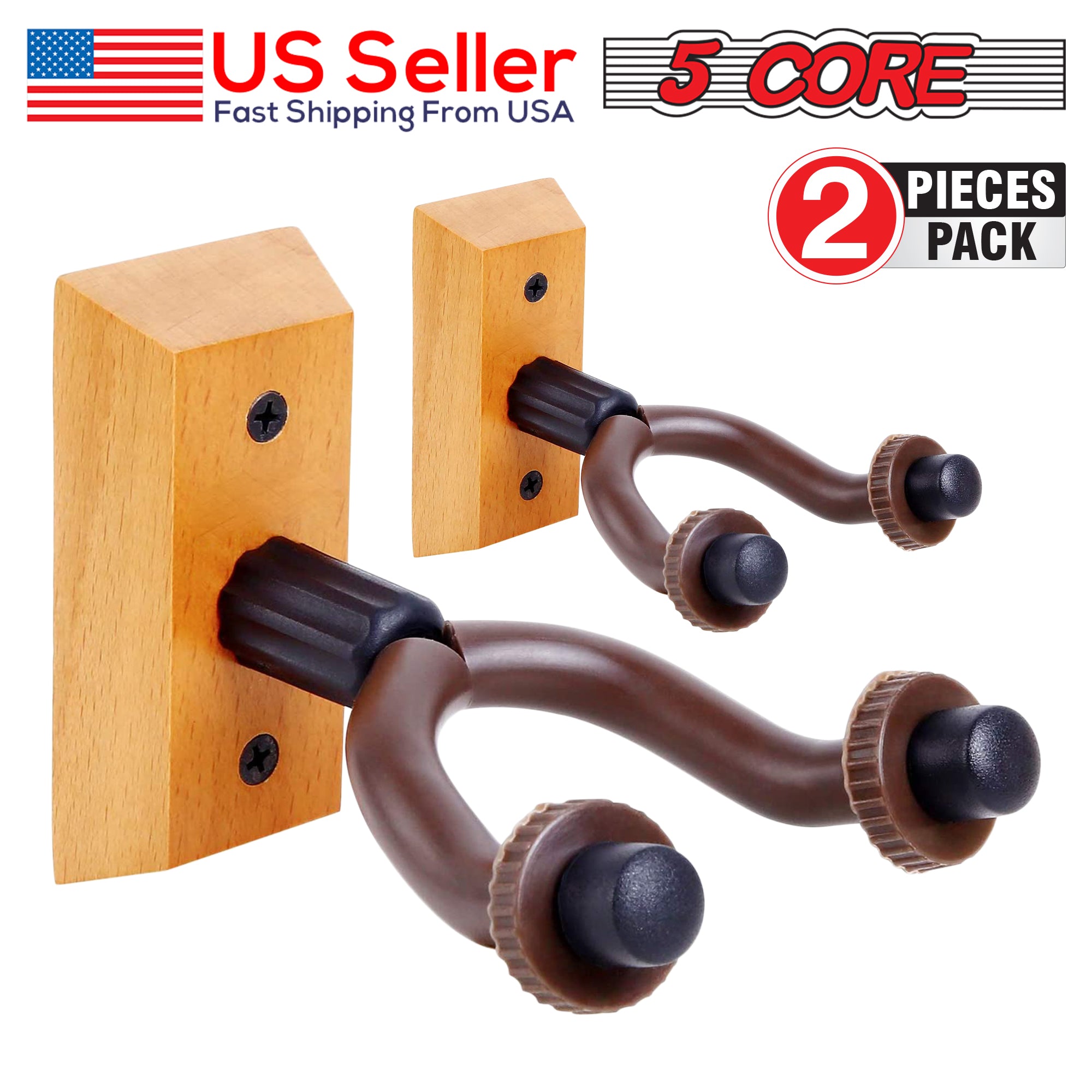 5 Core Guitar Hanger Holder - Electric Acoustic & Bass Guitars for Home Studio Musical Instruments - Wall Mount with Accessories (Wooden 2 Pieces) - GH WD 2PCS