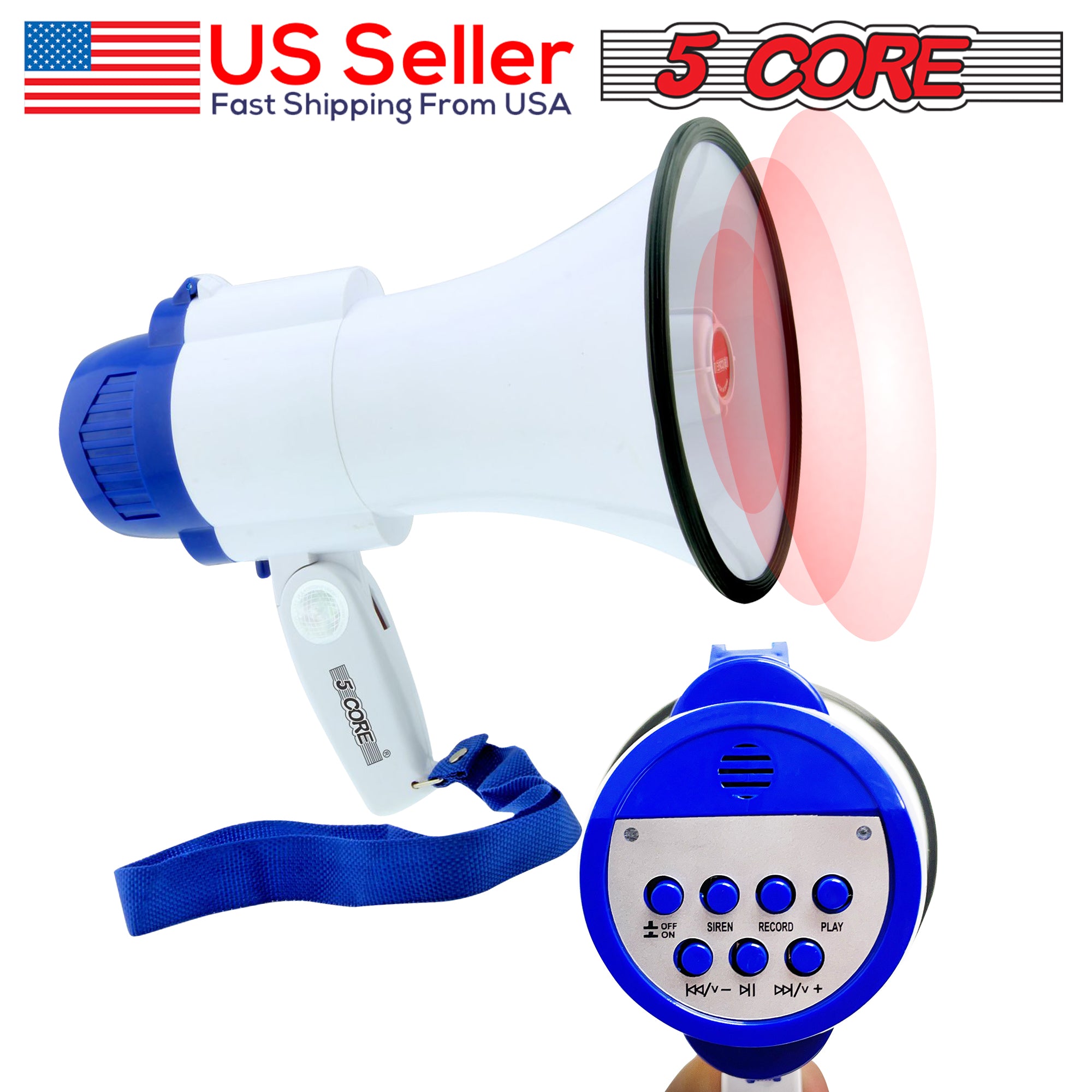 5 Core Megaphone Bull Horn 30W Loud Speaker 800 Yards Range Rechargeable Portable USB  Bullhorn w Recording Volume Control Siren Noise Maker for Kids and Adults for Cheerleading Football Safety Drills -8R-USB WOB