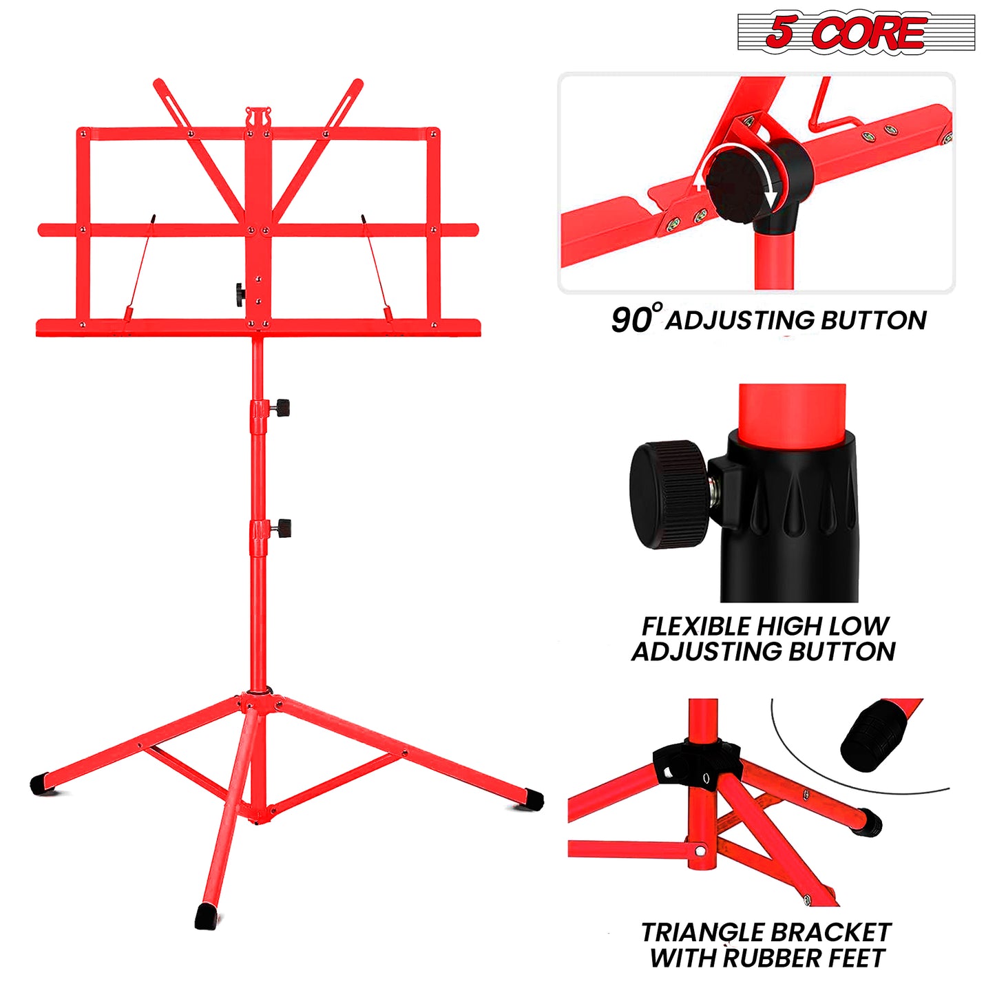 5 Core Music Stand, 2 in 1 Dual-Use Adjustable Folding Sheet Stand Red / Metal Build Portable Sheet Holder / Carrying Bag, Music Clip and Stand Light Included - MUS FLD RED