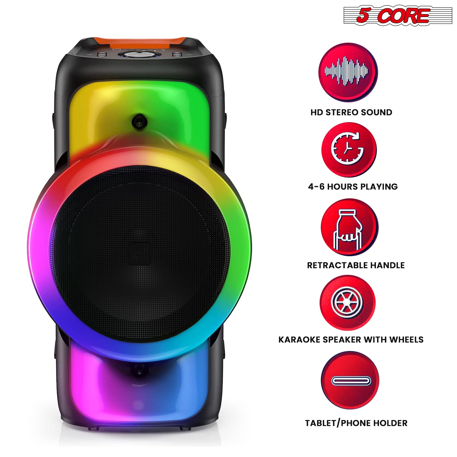 5 Core Bluetooth Speaker Karaoke Machine Portable Singing PA System w Cool DJ Light Support FM + TWS + USB + Memory Card+ AUX + REC Party Speakers Includes Two Wireless Mics -PLB 12X1 2MIC