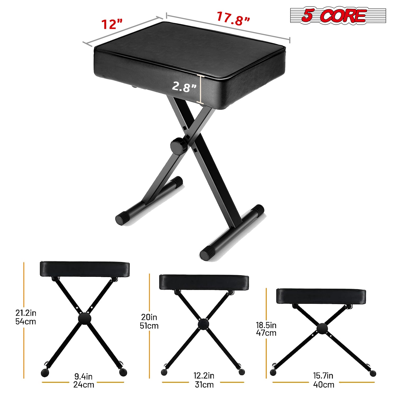 5 Core Adjustable Keyboard Bench 18.5 - 21.2 Inch Heavy Duty X style Bench Piano Stool Chair Thick And Padded Comfortable Guitar Stools - KBB BLK HD