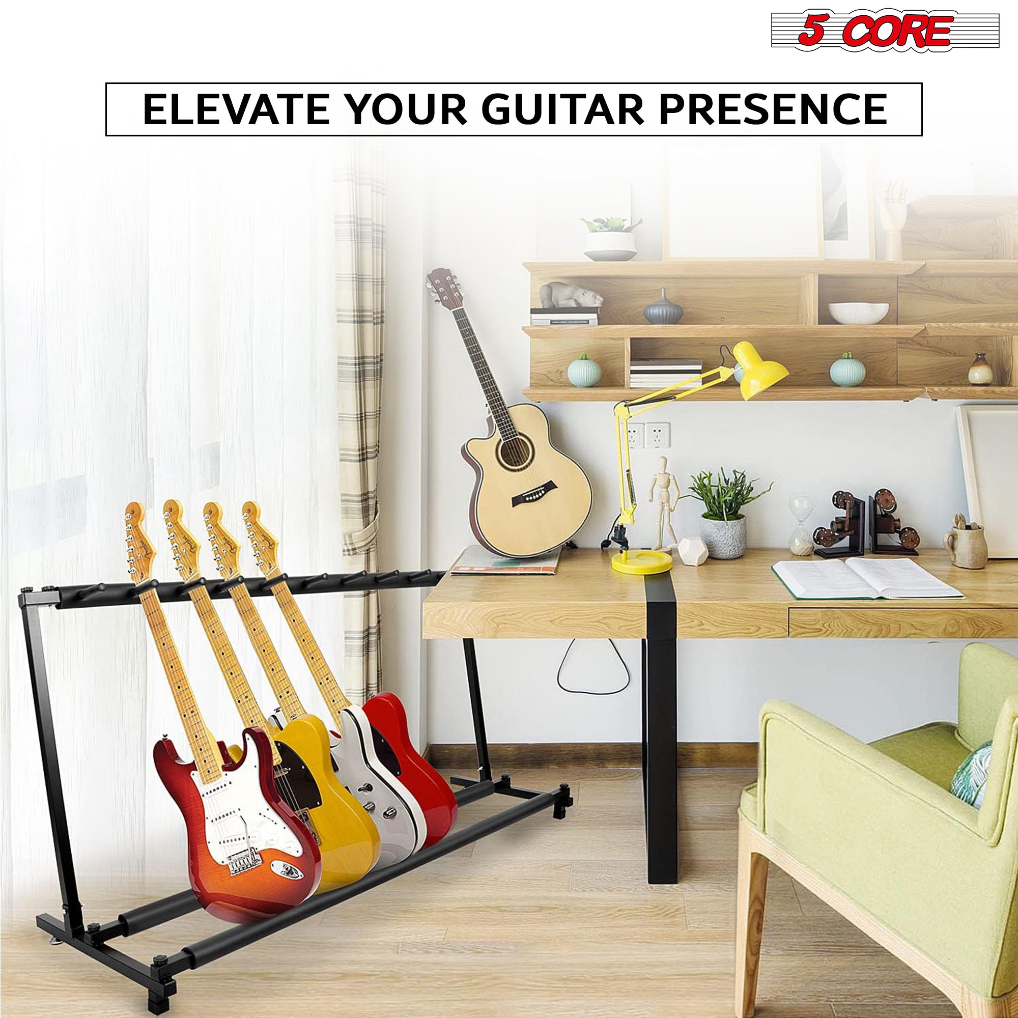 5 Core Guitar Stand 9 Space Rack for Acoustic Electric Bass Guitar • Foam Padded Multi Guitar Holder