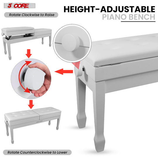 Height adjustable piano stool, allowing customized seating height for maximum comfort during piano practice or performances