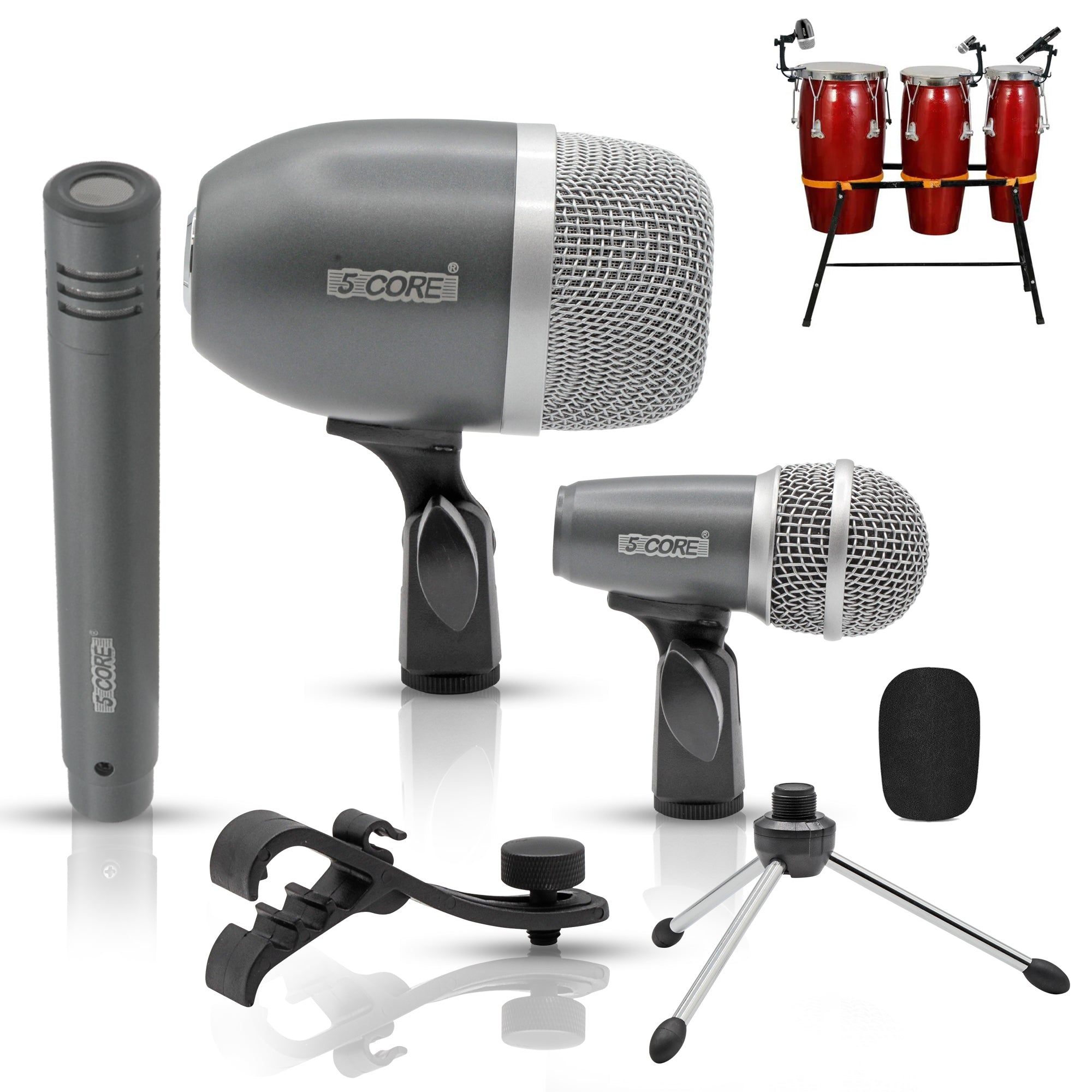 5 Core Congo Tom Snare Grey Microphone Set Unidirectional Cardioid Dynamic Instrument Metal Drum Mic