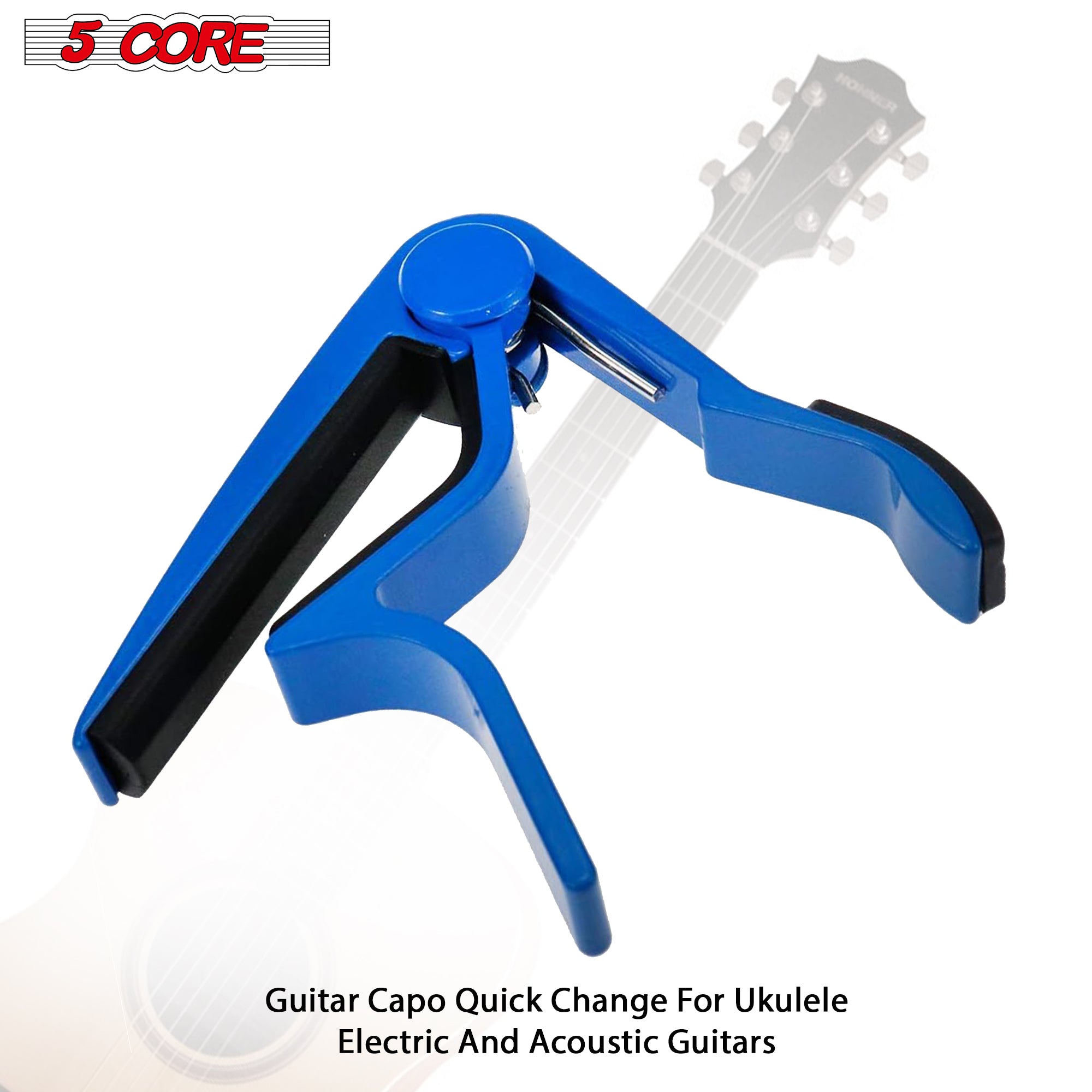 Close-up of a guitar capo in vibrant blue color, designed for easy string clamping.