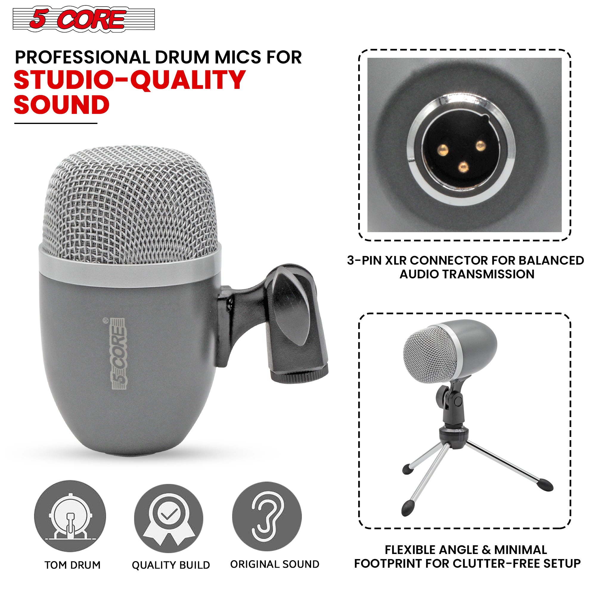 5 Core Tom Snare Mic • Cardioid Dynamic Microphone for Drum Kit • Precision Instrument Sound Pickup
