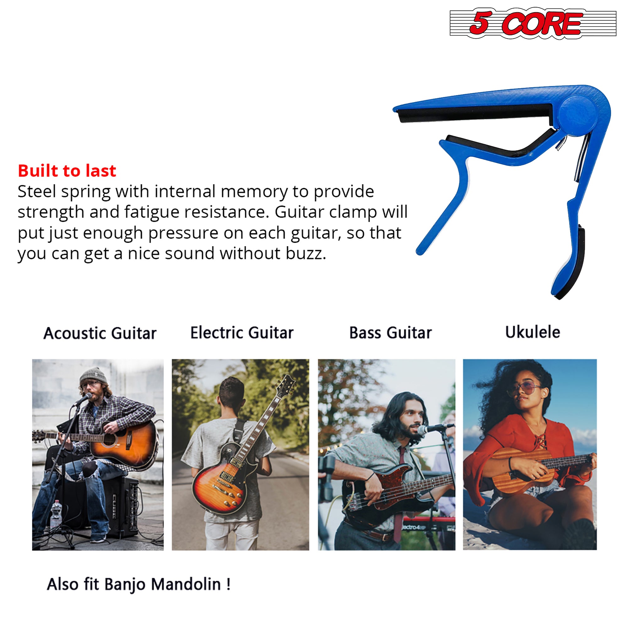 Blue guitar capo designed for easy application and removal on acoustic or electric guitars.