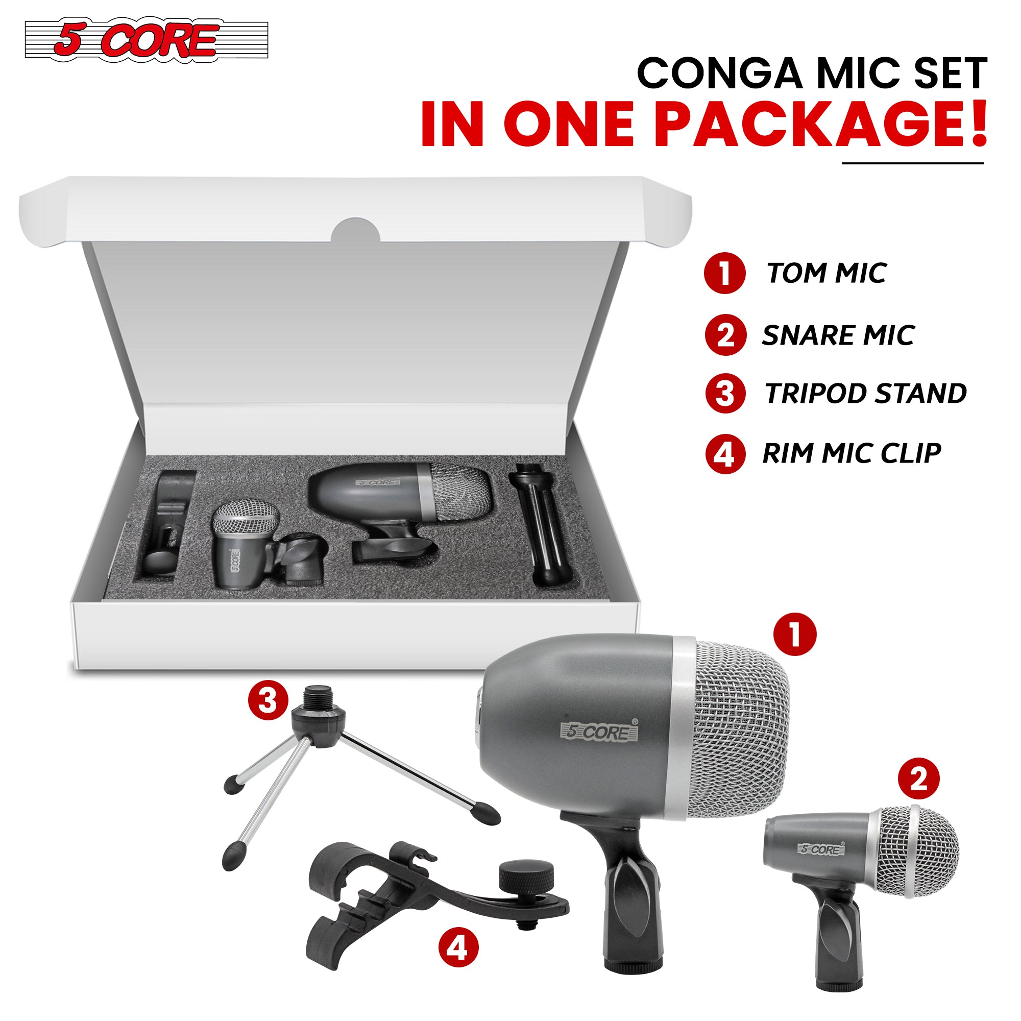 5 Core Conga Mic Snare Tom Cardioid Dynamic Microphone for Drummer Precision Instrument Sound Pickup