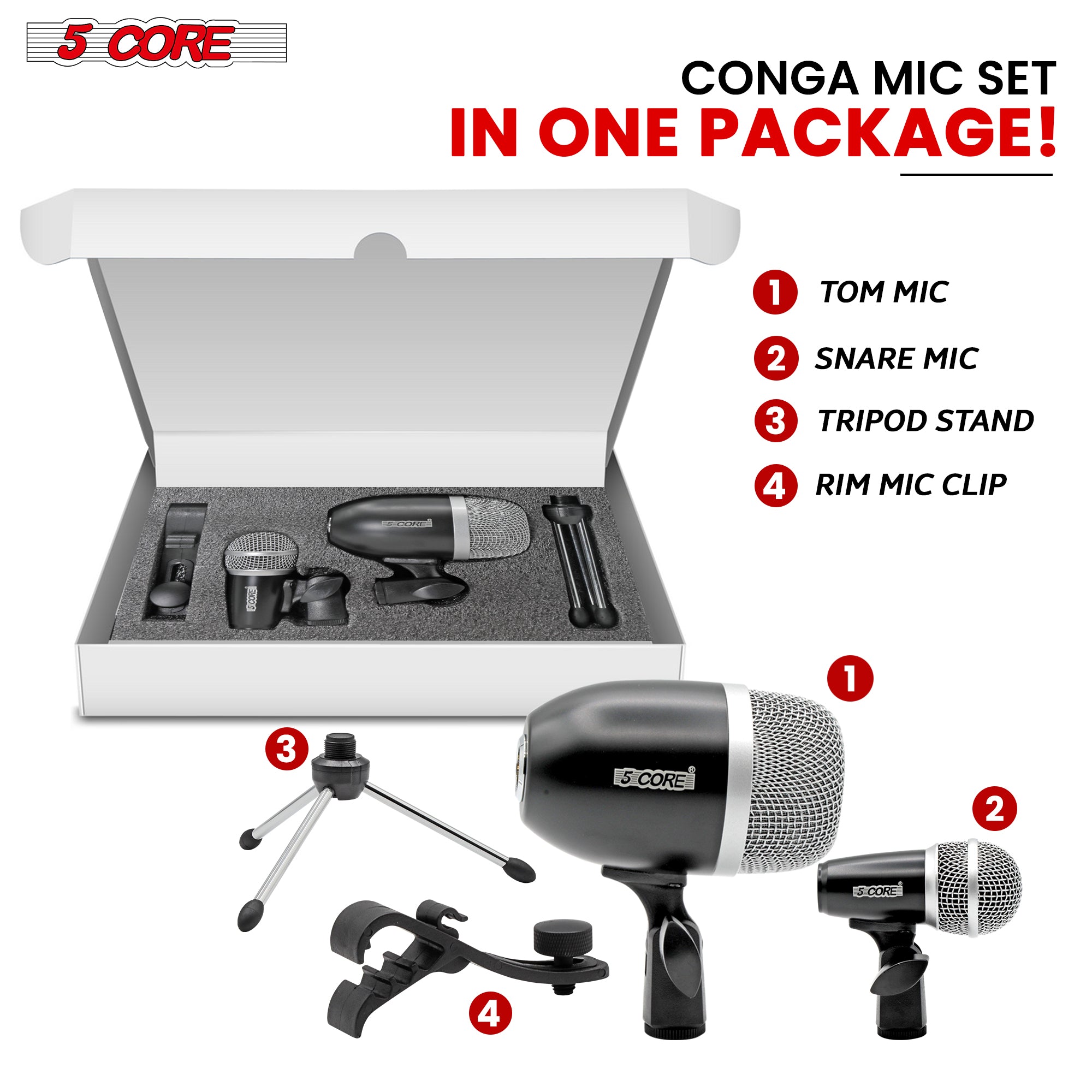 This Congo mic set Accessories include 1 Tom Mic, 1 Snare Mic, and 1 Conga Mic, providing a comprehensive solution for instrument recording.