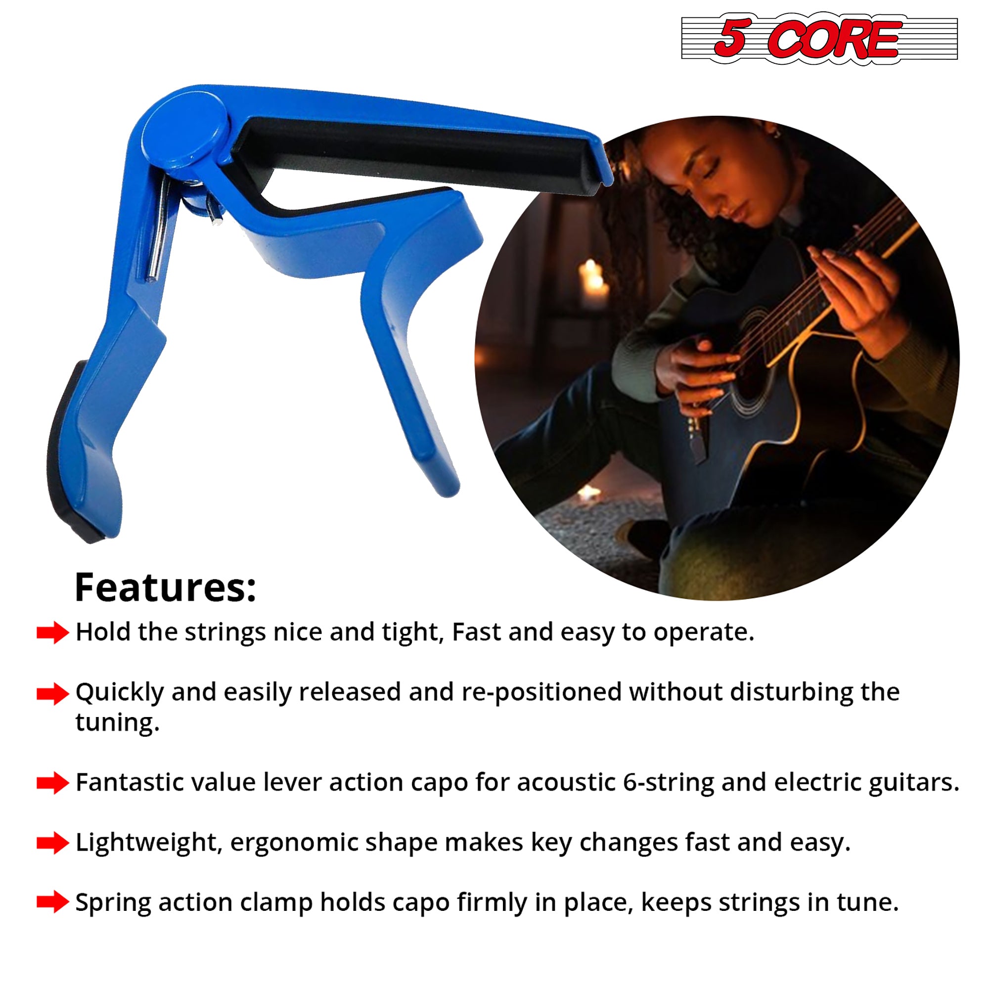 A sleek blue capo designed to fit snugly on various guitar necks, enhancing performance