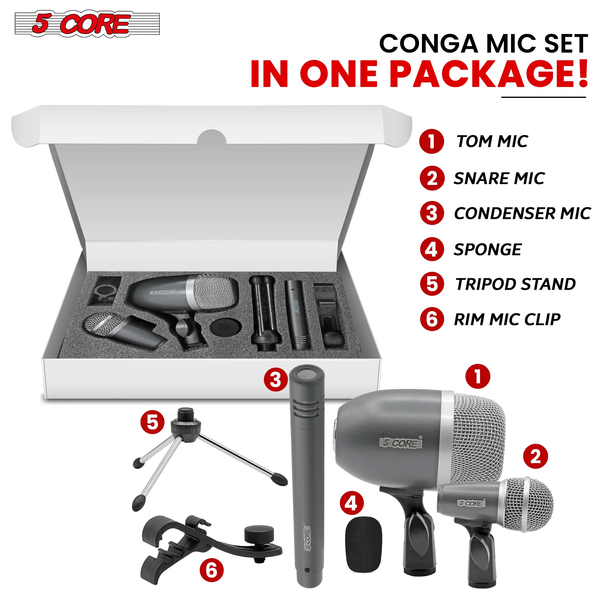 This Congo mic set Accessories include 1 Tom Mic, 1 Snare Mic, and 1 Conga Mic, providing a comprehensive solution for instrument recording.