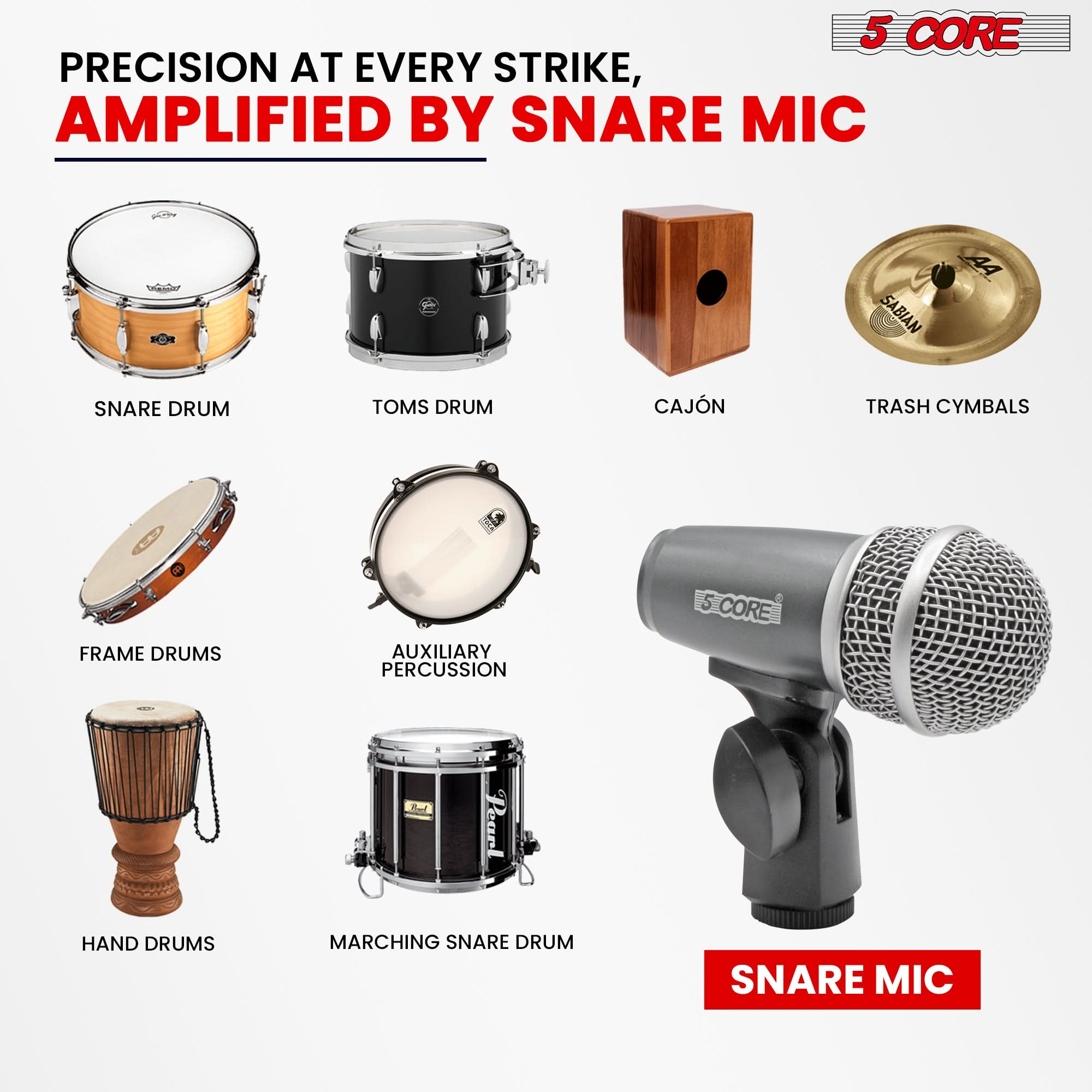 5Core Snare Mic XLR Cardioid Tom Drum Kick Instrument Microphone GREY