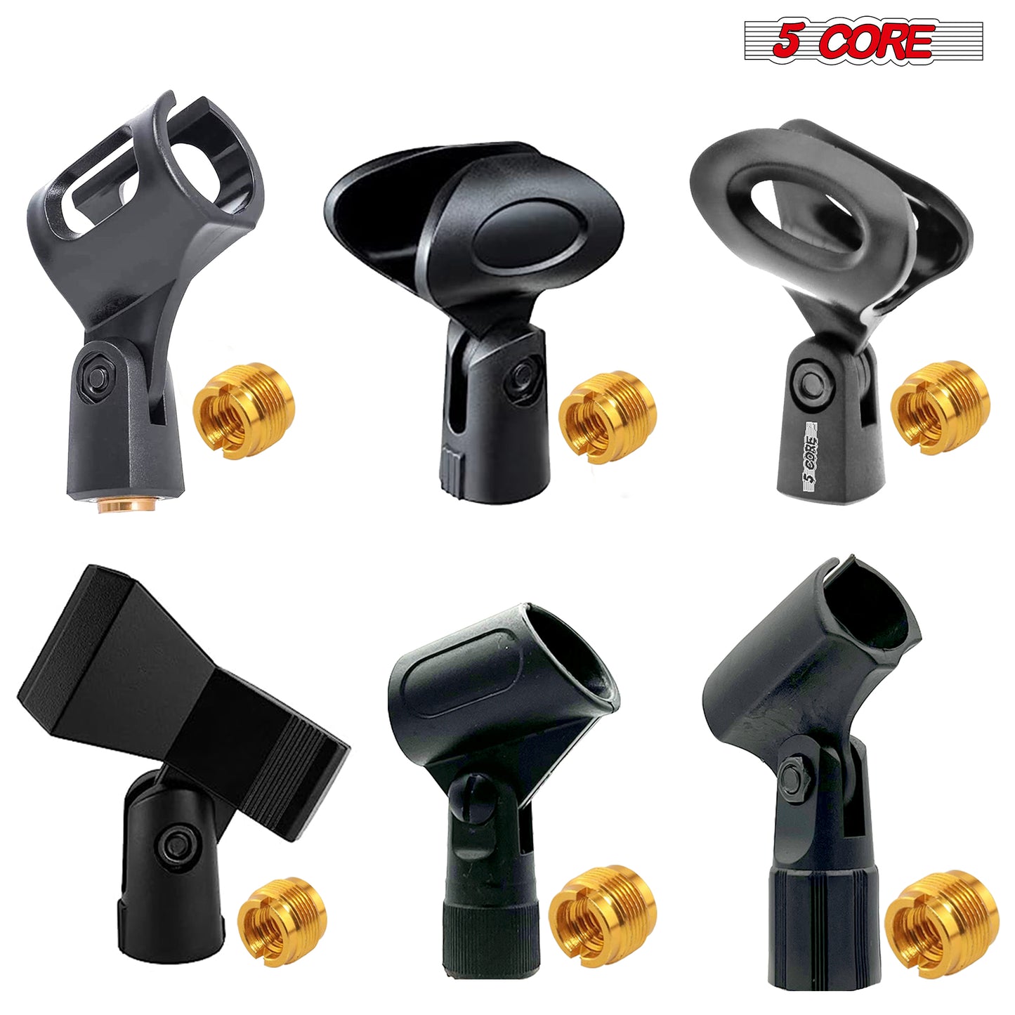 5 Core Universal Microphone Clip Holder Combo Pack with Nut Adapters 5/8" to 3/8", 6 Pack, Black- 123478 6PCS