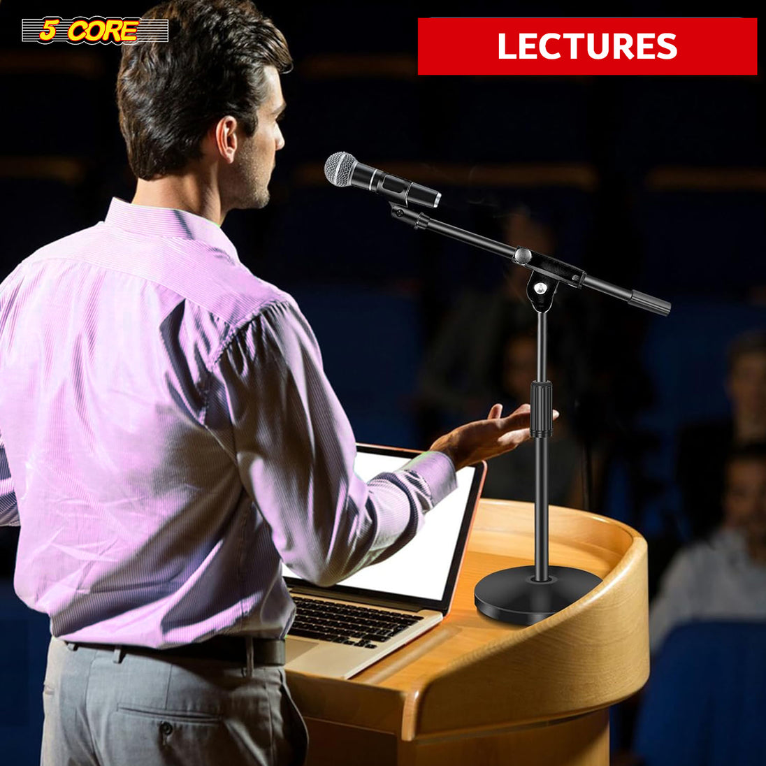 Microphone stand suitable for use in lectures, offering stability and adjustable height for clear audio delivery