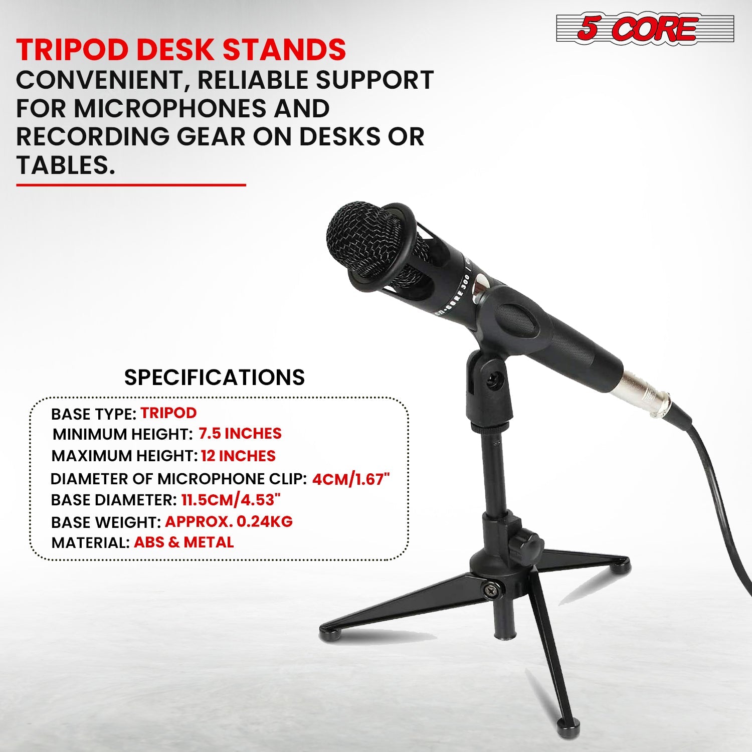 Sturdy Tripod Mic Stand for Table Top Use: 5 Core Adjustable Height