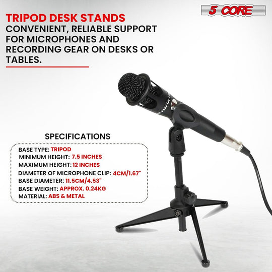 Sturdy Tripod Mic Stand for Table Top Use: 5 Core Adjustable Height