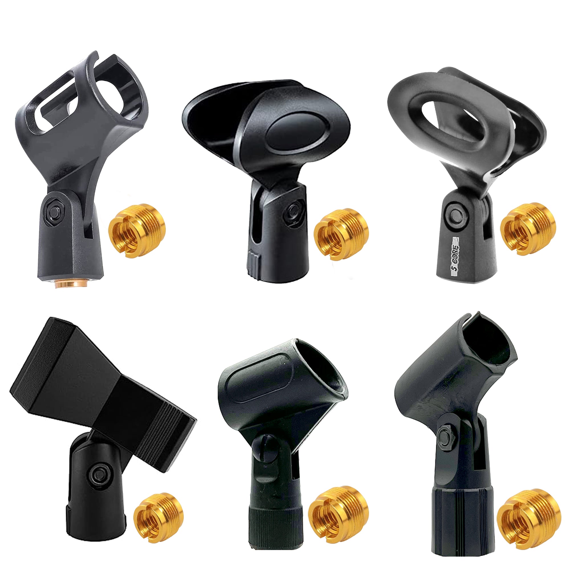 5 Core Universal Microphone Clip Holder Combo Pack with Nut Adapters 5/8" to 3/8" 6 Pack Black - 123478 6PCS