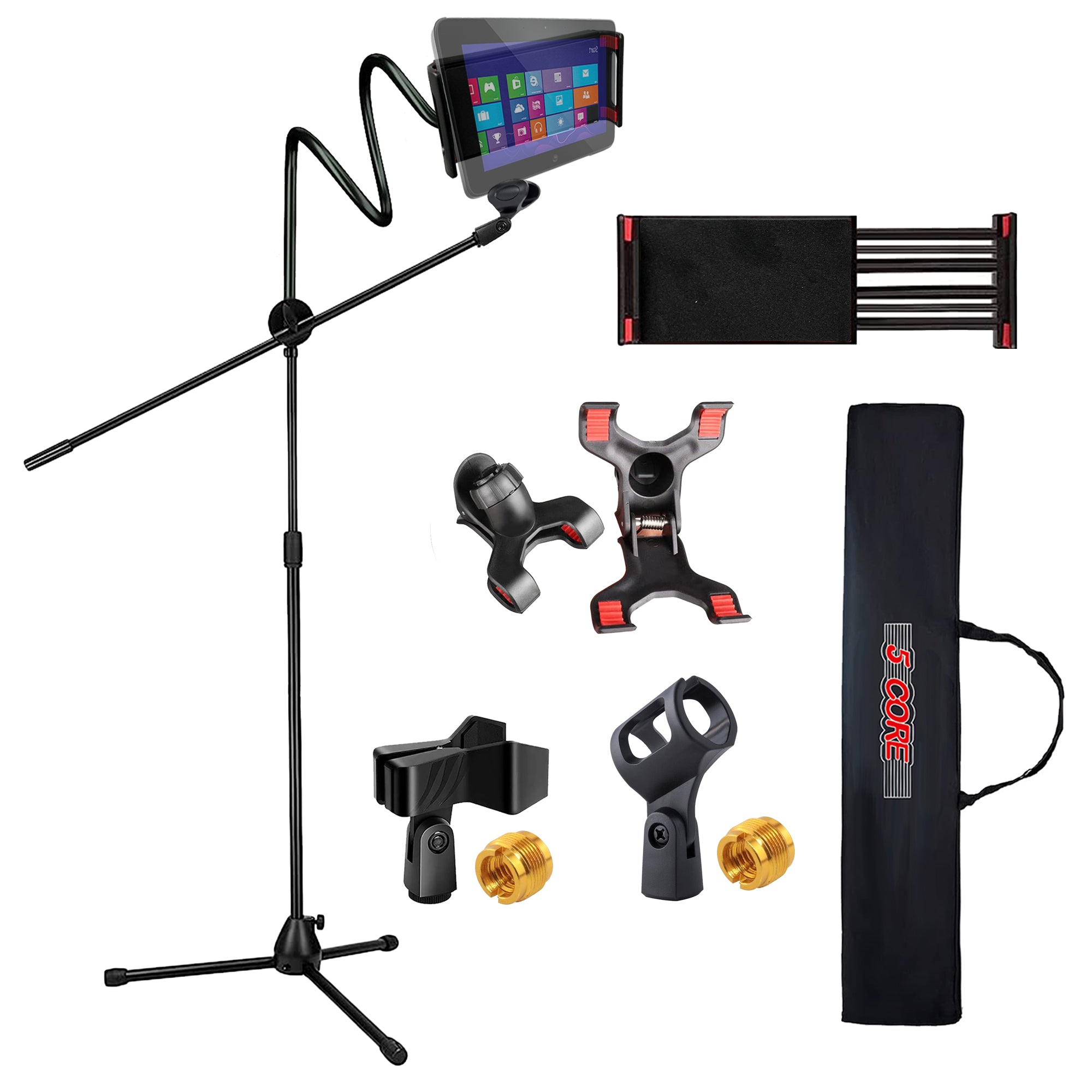 5 Core Microphone Stand + Phone Holder Floor Boom Mic Stand Gooseneck + Tablet Holder  Collapsible Adjustable Tripod Mic Stand w Two Mic Clips + Carry Bag for Singing Karaoke Studio Parties -MS MOB