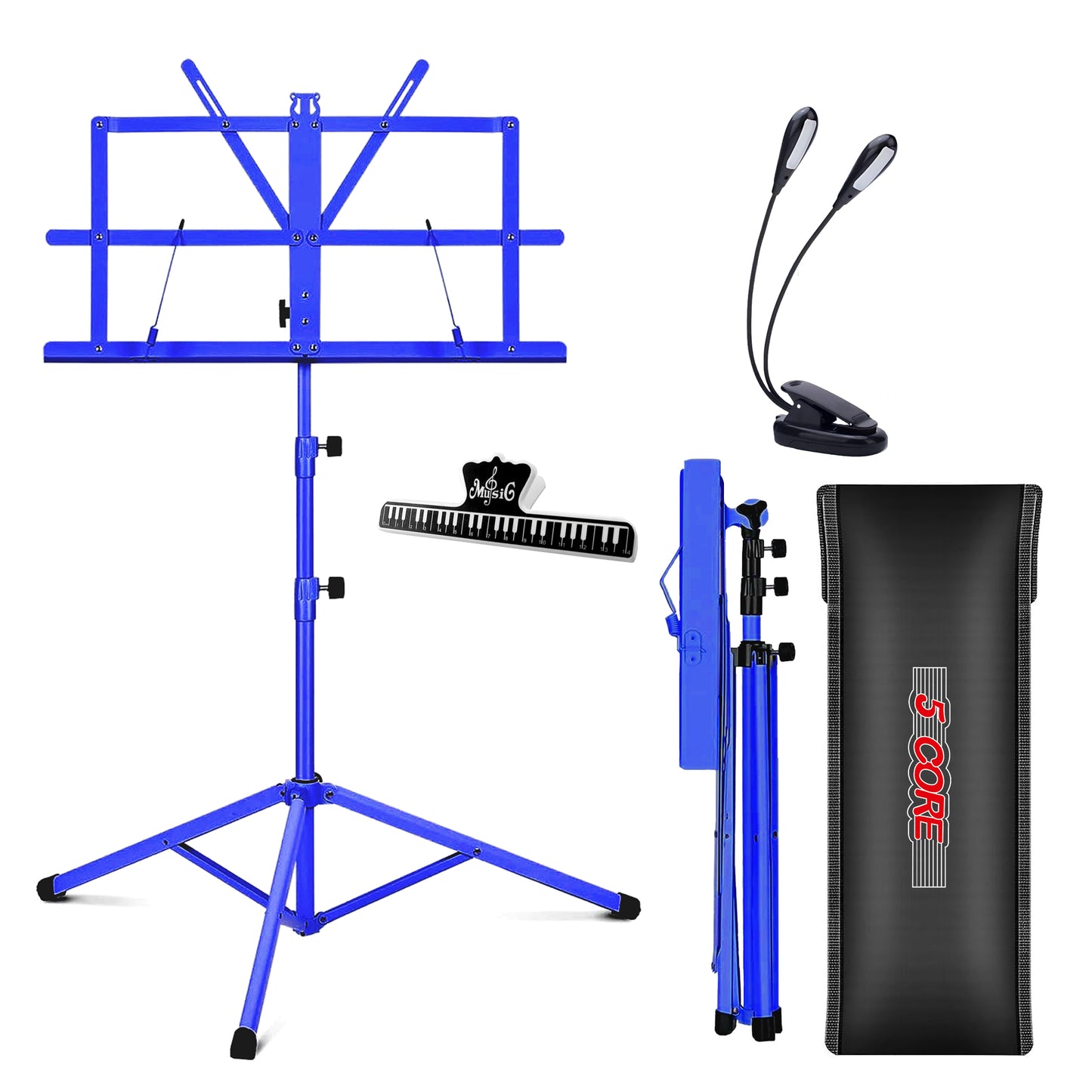 5 Core Music Stand, 2 in 1 Dual-Use Adjustable Folding Sheet Stand Blue / Metal Build Portable Sheet Holder / Carrying Bag, Music Clip and Stand Light Included - MUS FLD BLU