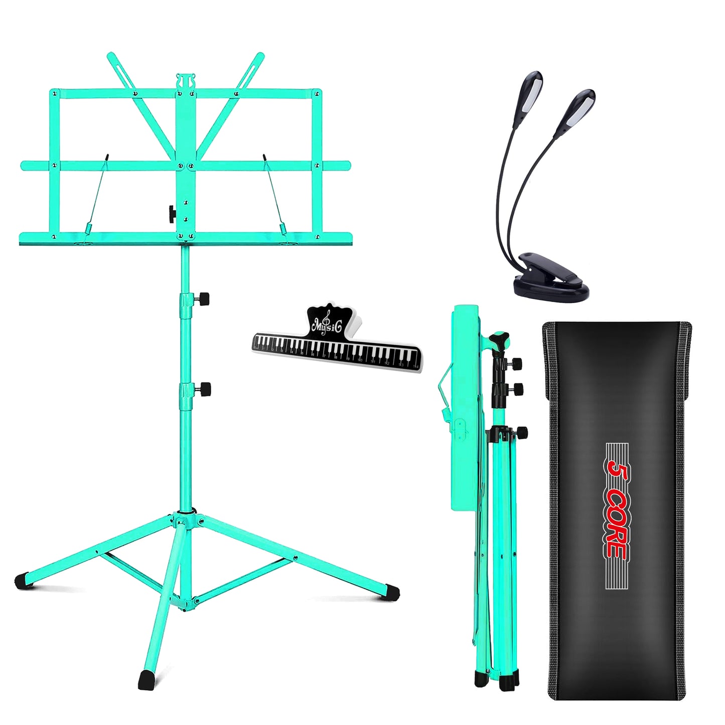 5 Core Music Stand, 2 in 1 Dual-Use Adjustable Folding Sheet Stand Green / Metal Build Portable Sheet Holder / Carrying Bag, Music Clip and Stand Light Included - MUS FLD GR