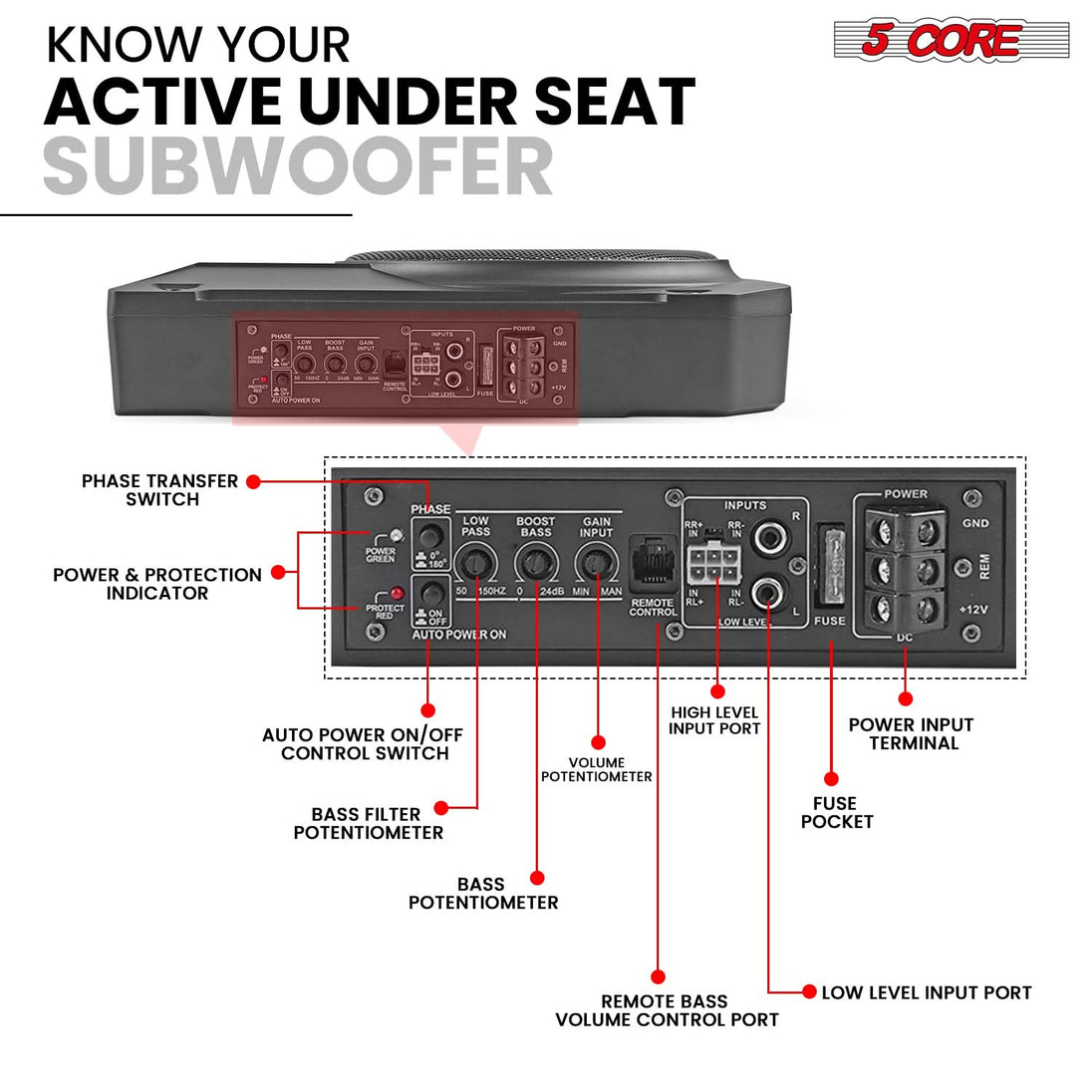 Powered subwoofer with built-in amplifier for enhanced bass performance, compact design, and high power output