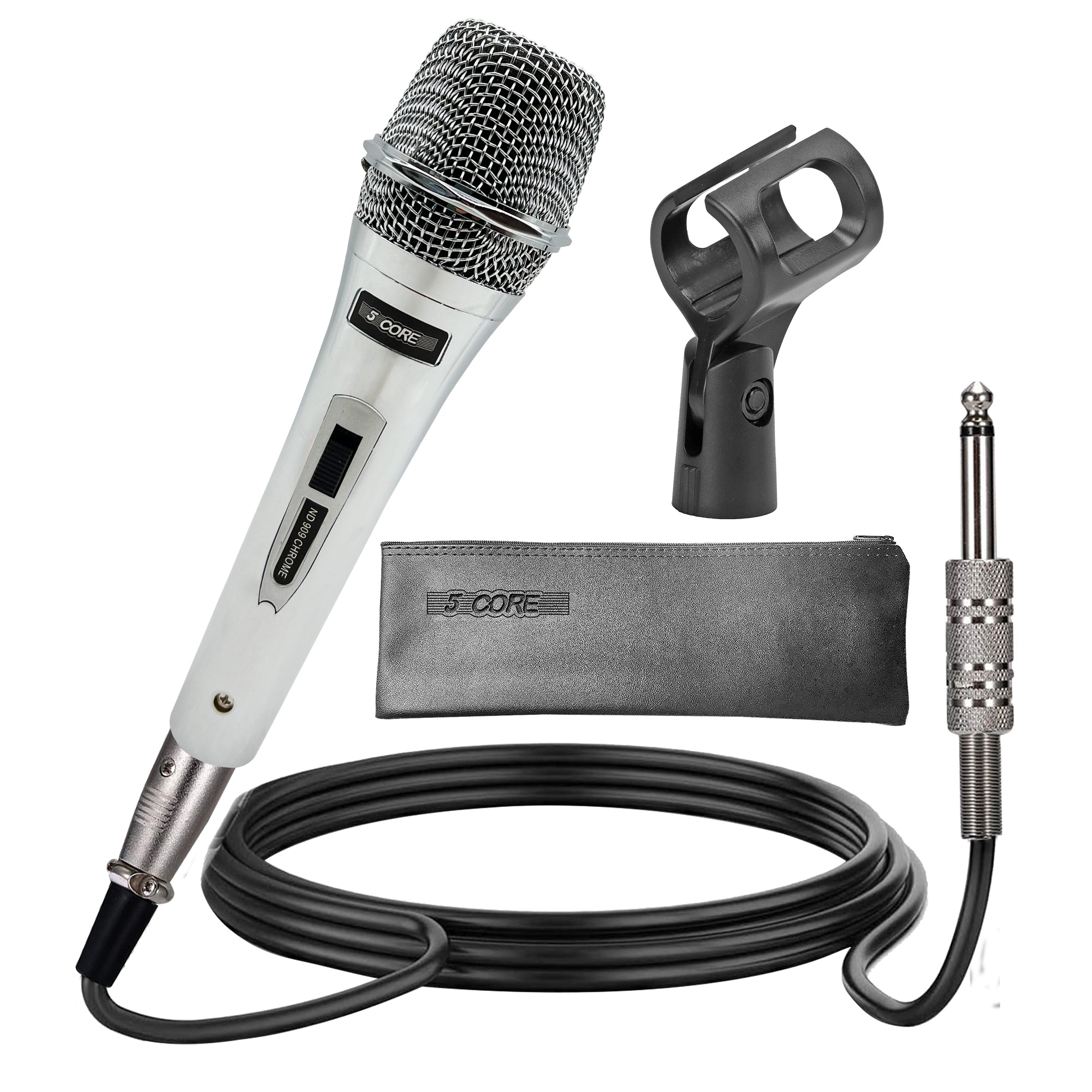 5 Core Microphone Professional Dynamic Karaoke XLR Wired Mic w ON/OFF Switch Pop Filter Cardioid Unidirectional Pickup Micrófono -ND 909 CHROME