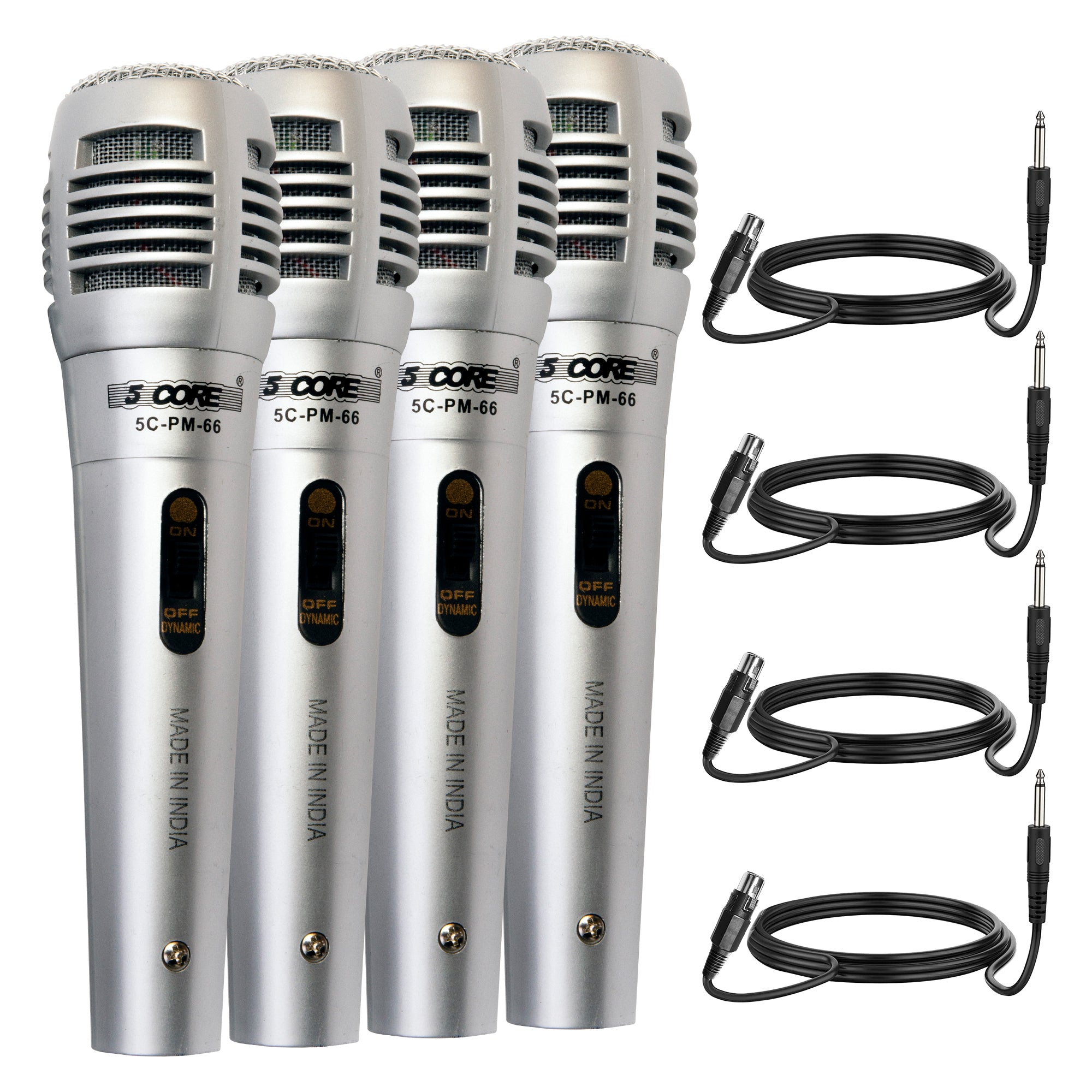 5 CORE 4 Pack Vocal Dynamic Cardioid Handheld Microphone Unidirectional Mic with On/Off Switch for Karaoke Singing (Silver) Included XLR Cable - PM-66k 2 pair