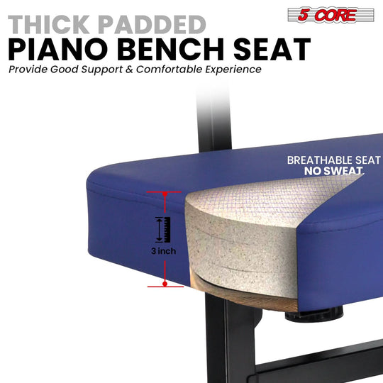 Padded piano bench with a comfortable cushion designed for long practice and performance sessions