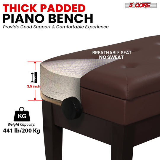 Padded piano stool with thick cushioning, sturdy wooden frame, and ergonomic design for comfortable playing