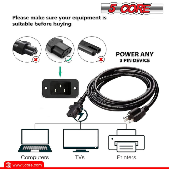 Power cord compatible with any 3-pin devices, providing secure and efficient electrical connectivity