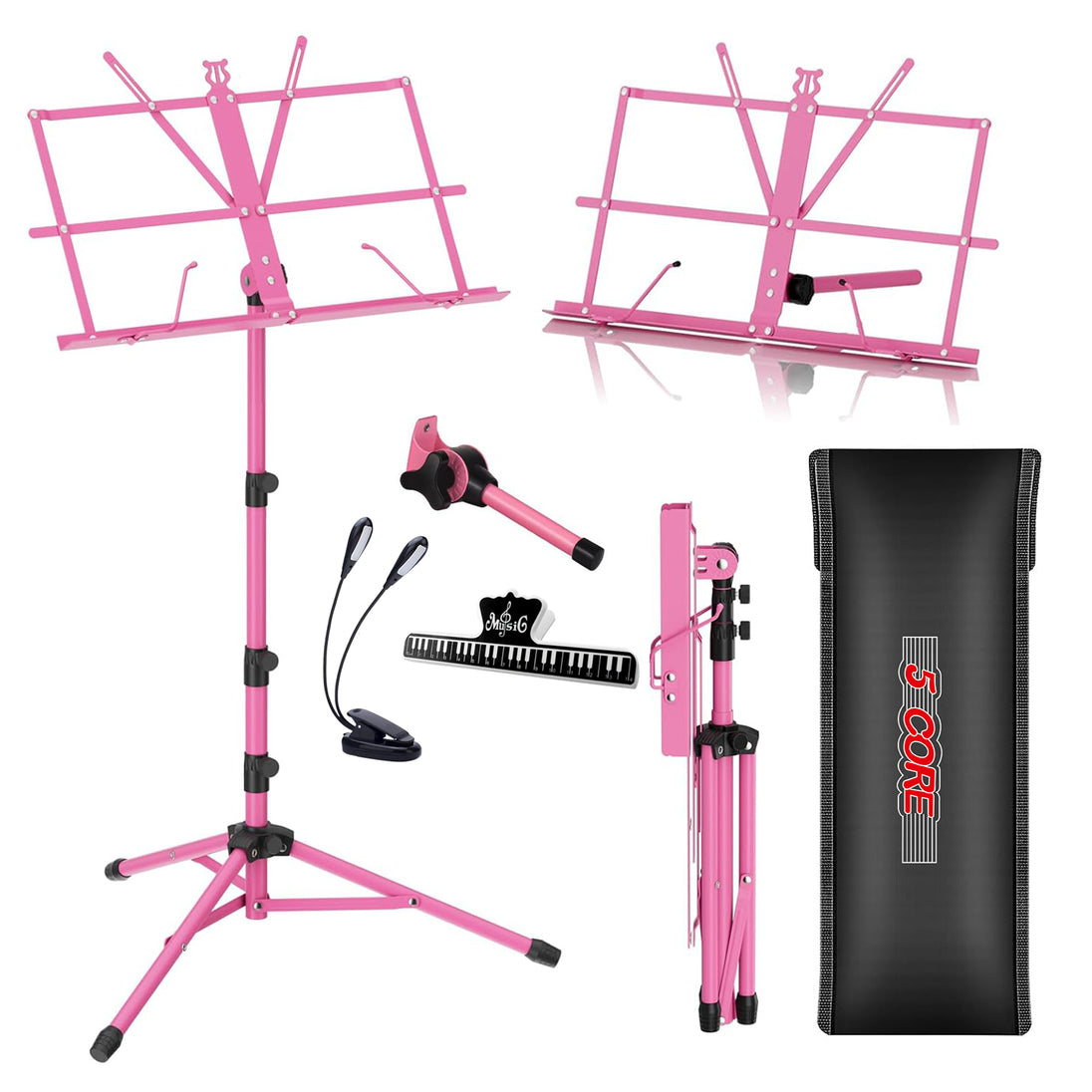 5Core Music Stand For Sheet Music Portable Tripod Adjustable Folding Note Holder With Light PINK