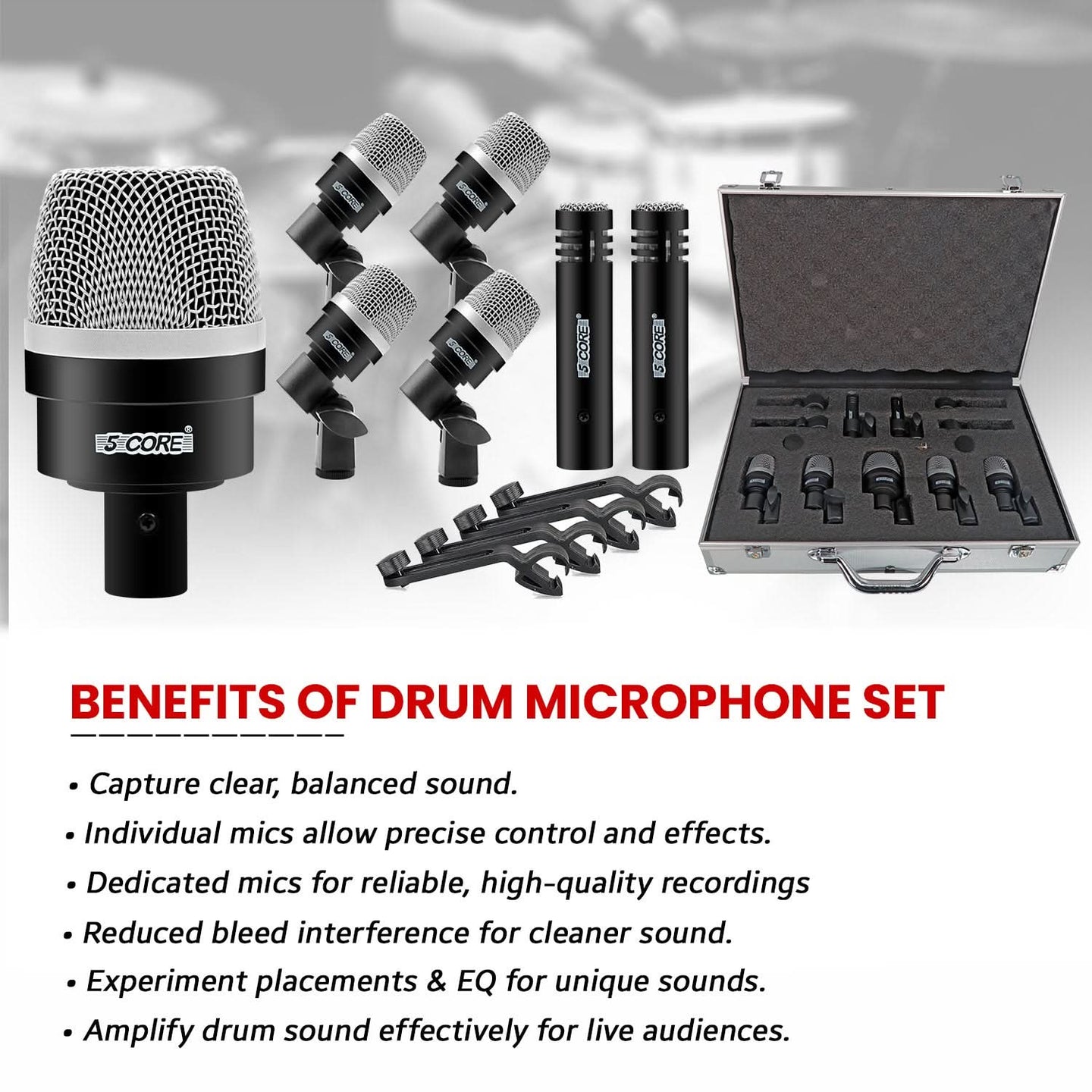 Complete drum microphone kit ensures balanced sound for every drum component.