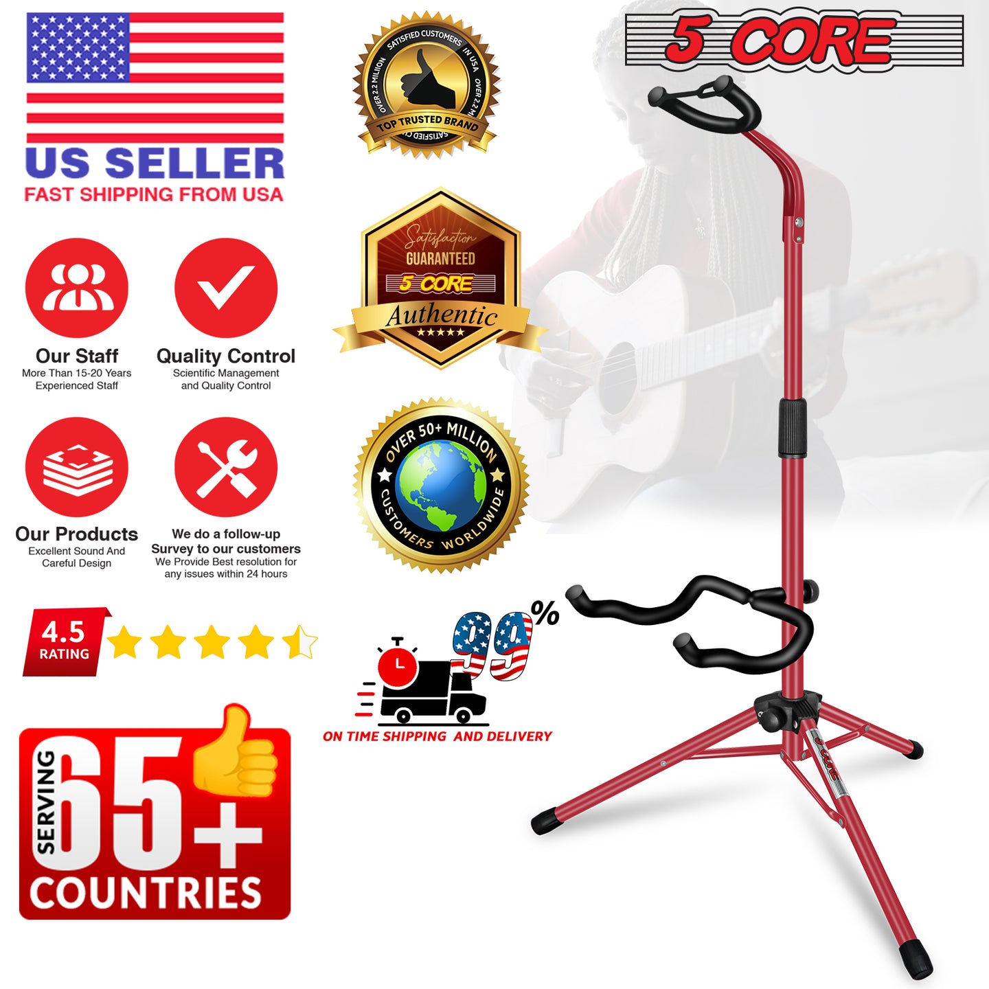 Professional guitar stand for floor use, offering stable support, adjustable height, and padded protection for all guitars