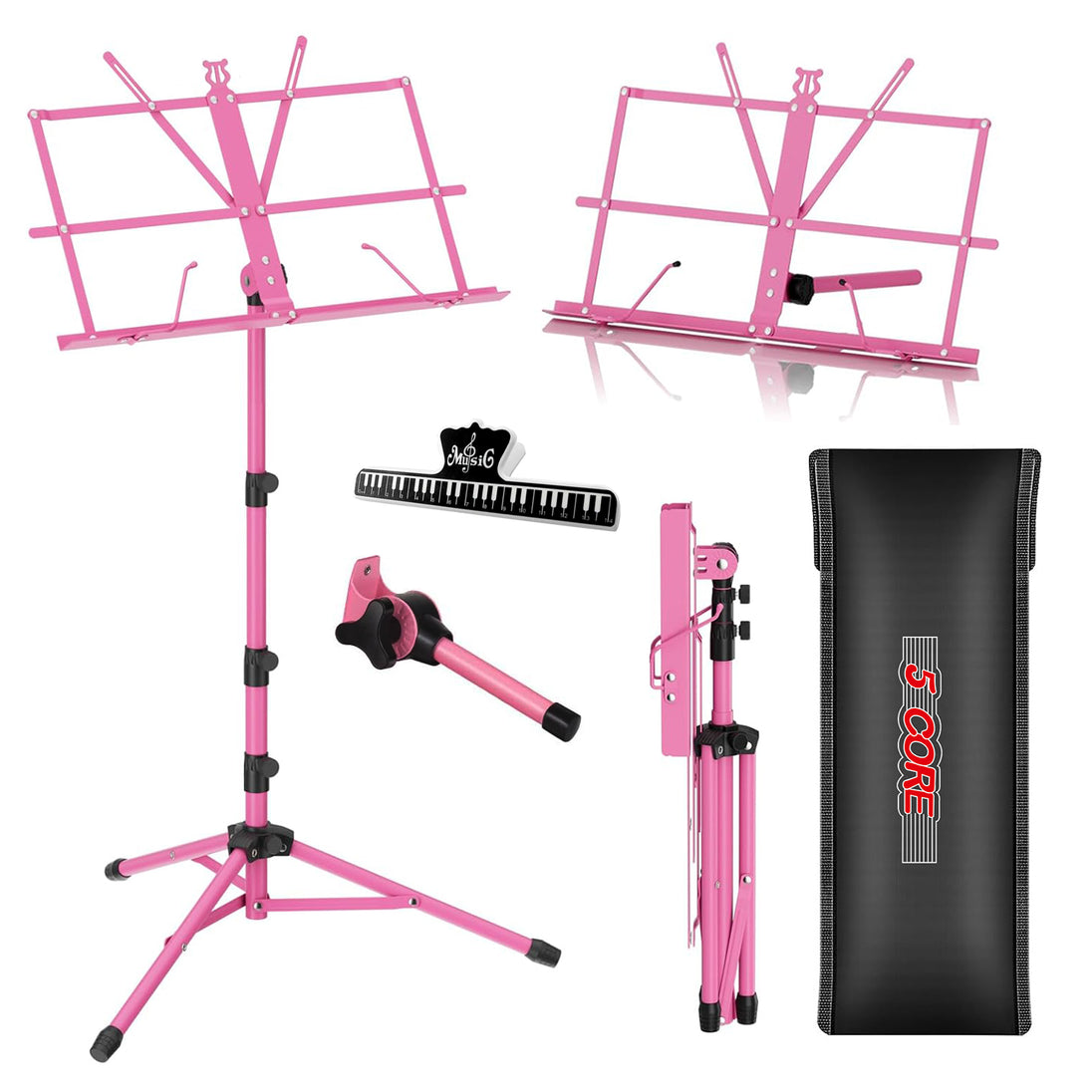 5Core Music Stand For Sheet Music Portable Tripod Adjustable Folding Note Holder Higher PINK