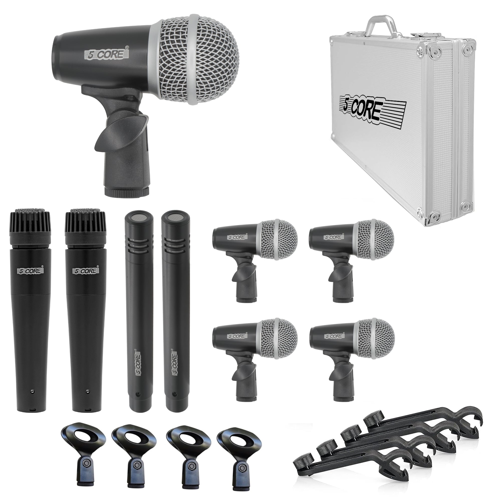5 Core Drum Microphone Kit 9 Piece Wired Full Metal Dynamic Wired drums Mic Set for Drummers w/ Kick Bass Tom Snare + Silver Carrying Case Sponge & Thread Holder for Vocal & Other Instrument - DM 9RND BLK
