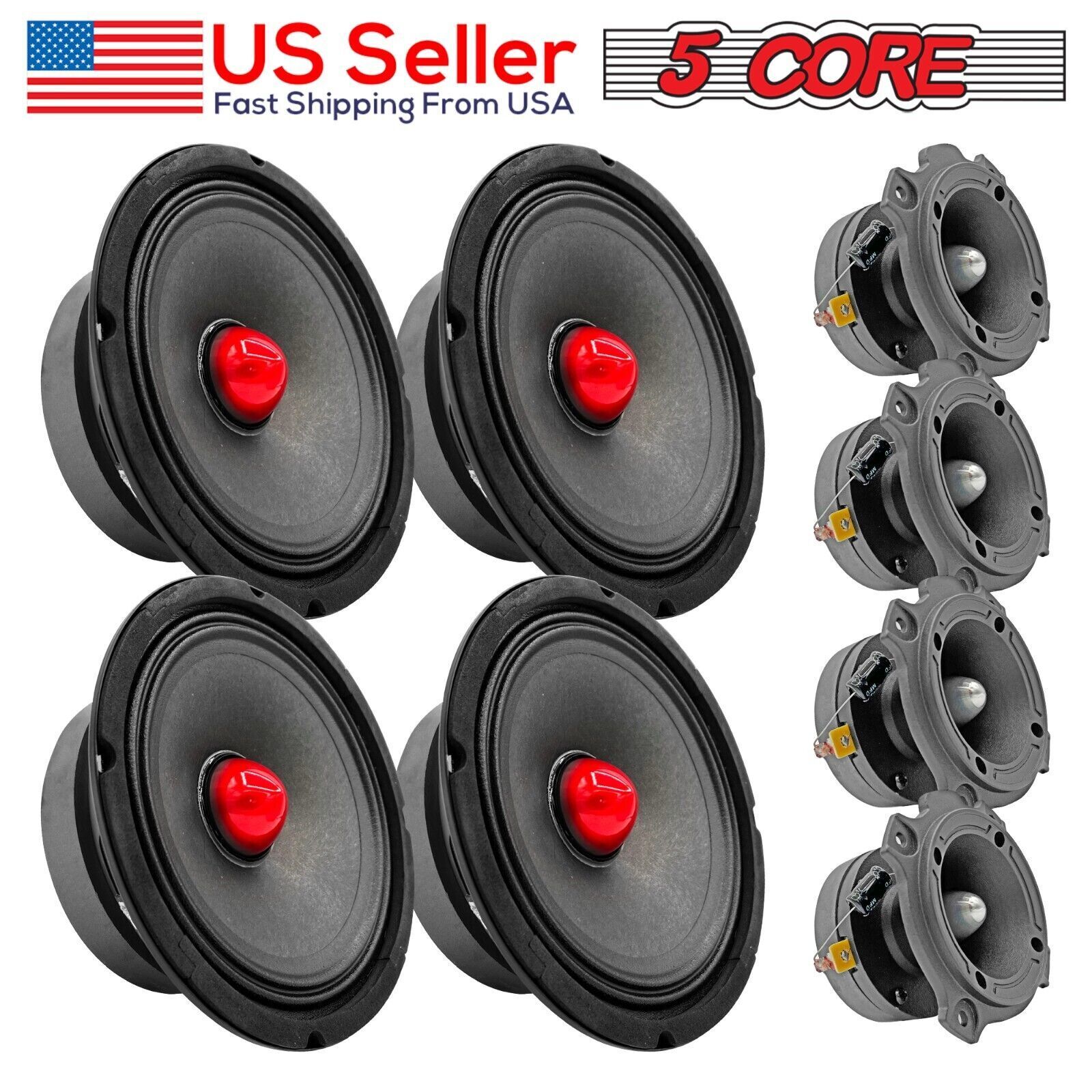 5 Core 4x 6.5" Midrange Speaker Car Audio Speaker Red Bullet 4x Aluminum Tweeter 3200 W -  MR6.5-8oHMX4PCS+TW-180X4PCS