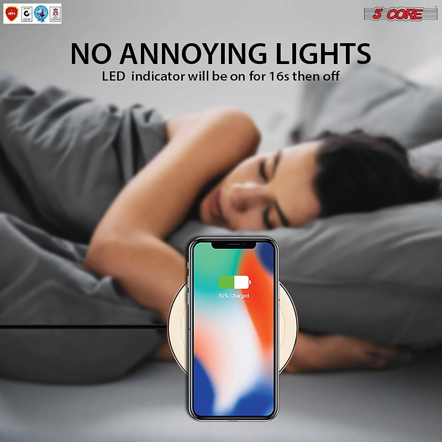 Sleep-friendly LED indicator with a soft glow, designed for minimal disruption during nighttime charging